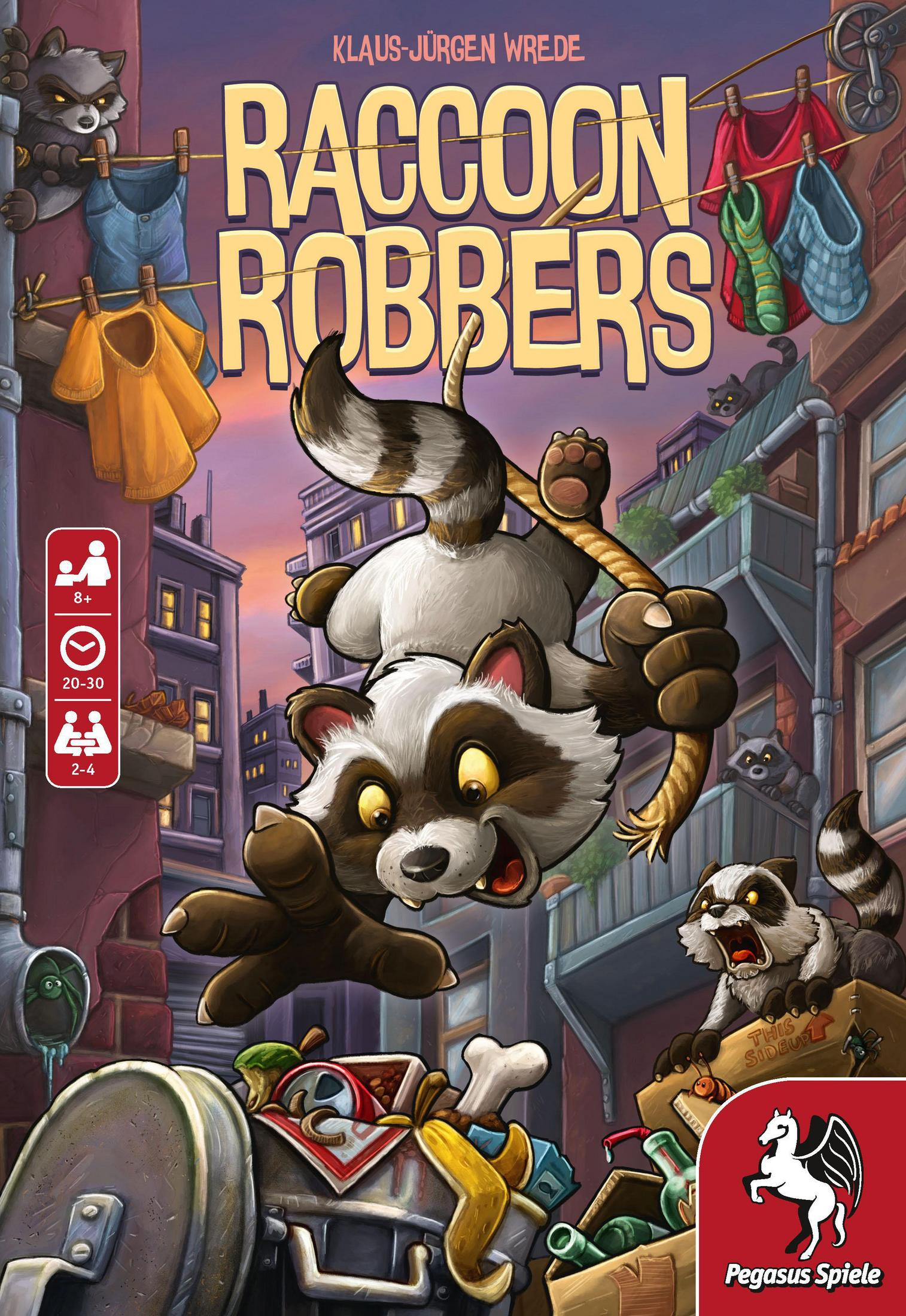 Schachtel des Spiels Raccoon Robbers. Ein Waschbär, ein Stadt-Hintergrund und Cartoon-Stil.