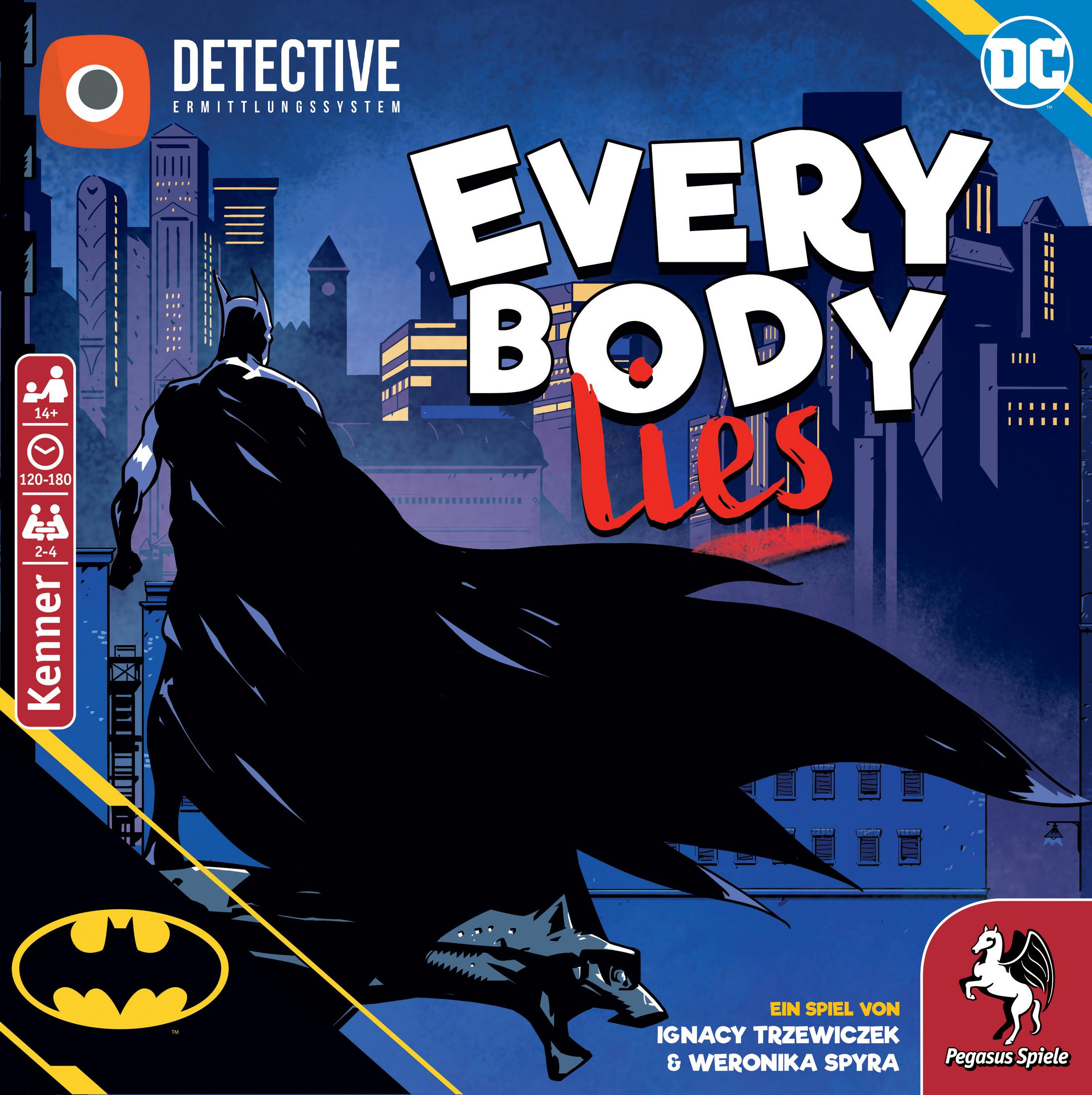 Batman-Spielcover: Batman-Silhouette, Titel 'Every Body Lies', Stadtlandschaft im Hintergrund.