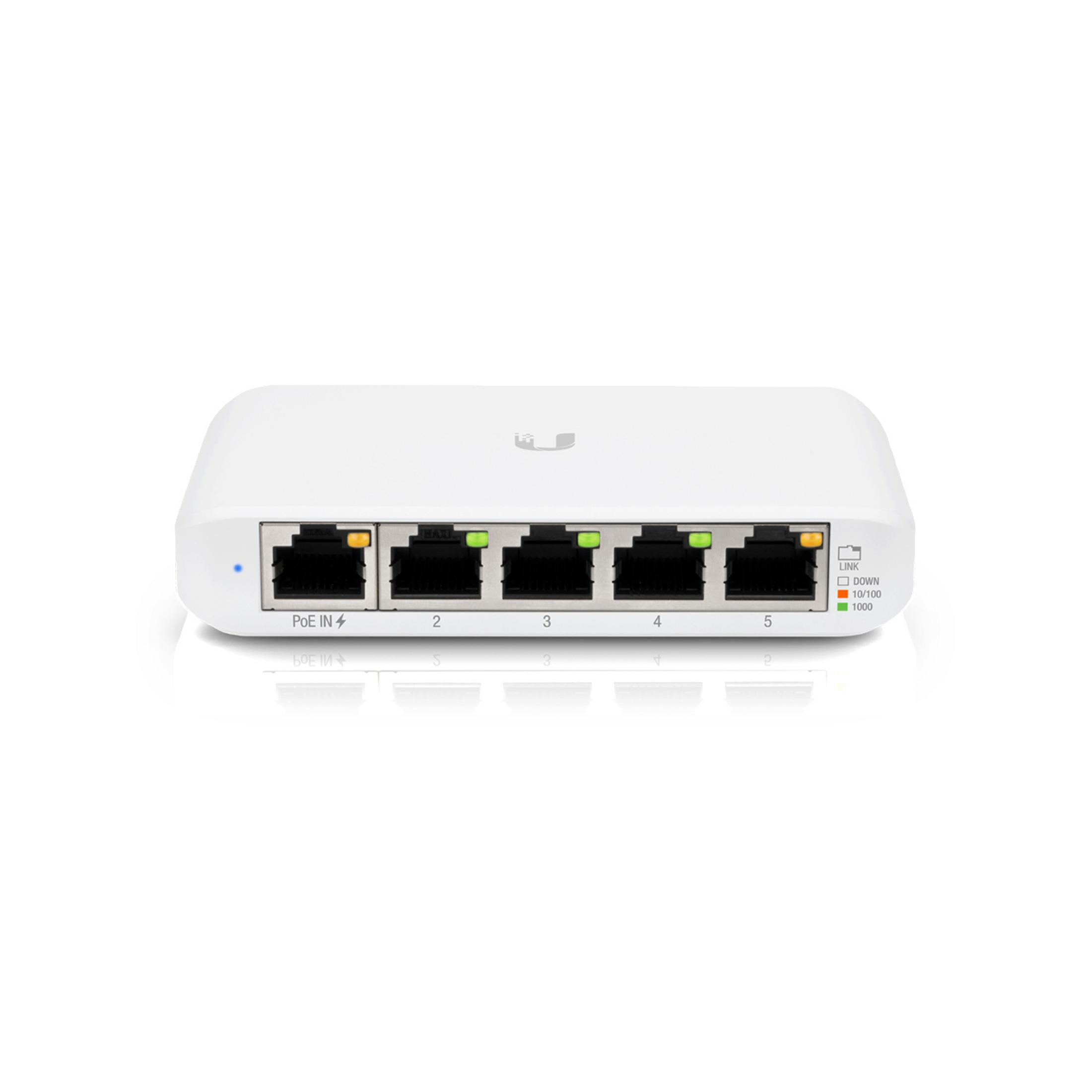 Witte netwerkswitch met vijf Ethernet-poorten en LED-indicatoren. Poorten zijn gemarkeerd, indicatoren zijn groen.