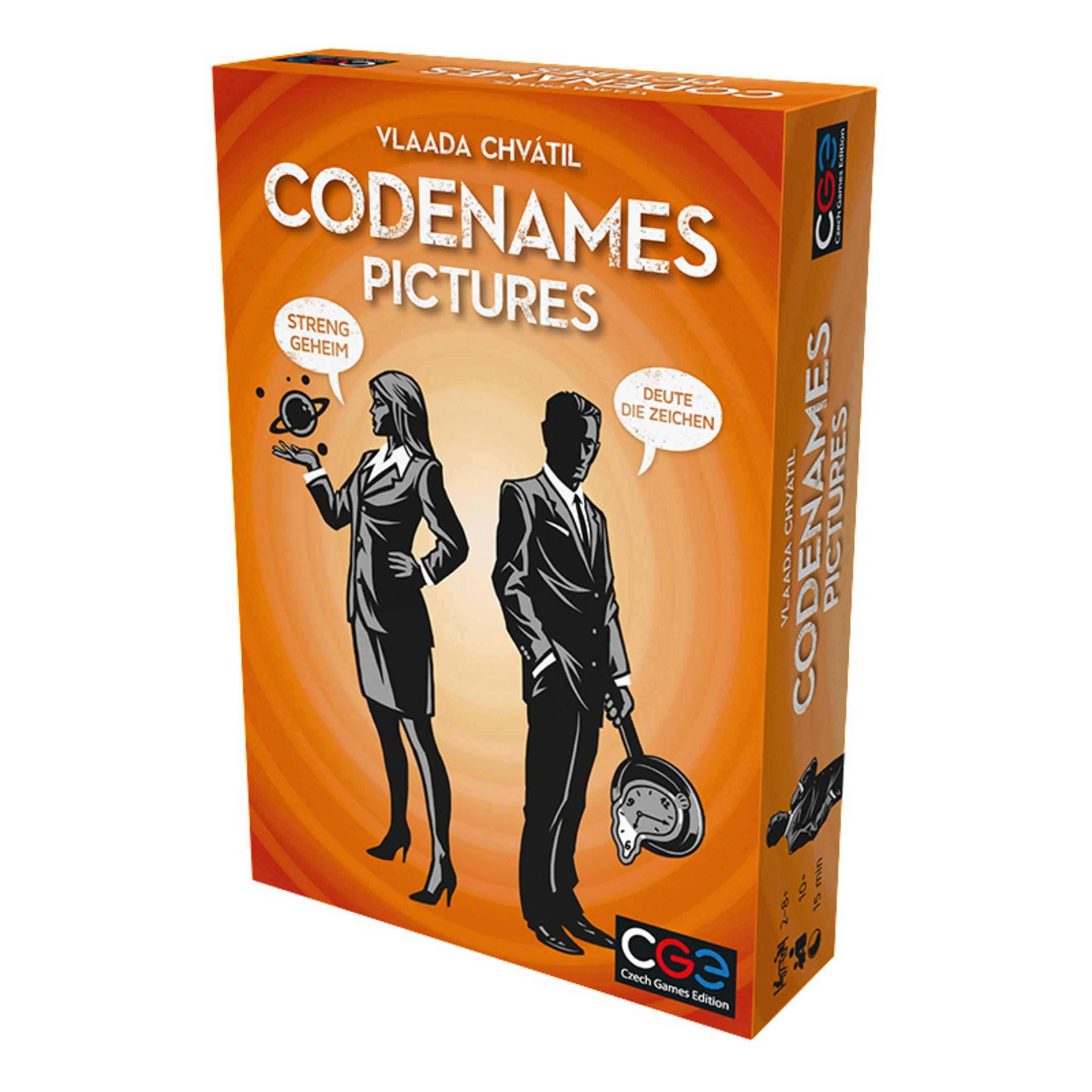 Box-Art für das Codenames Pictures-Spiel. Menschen und visuelle Hinweise.
