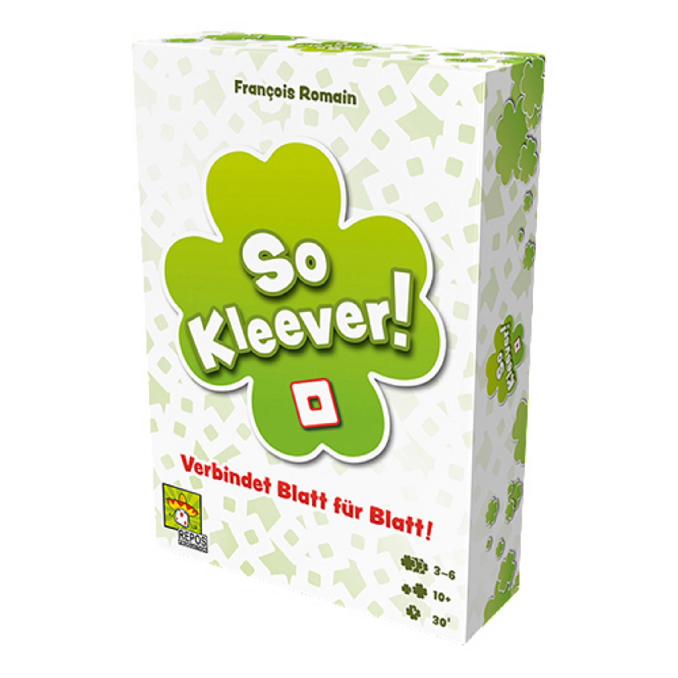 So Kleever! Spielbox. Weiß, grünes Kleeblatt-Logo und Text. Zeigt 3-6 Spieler und Alter 10+.