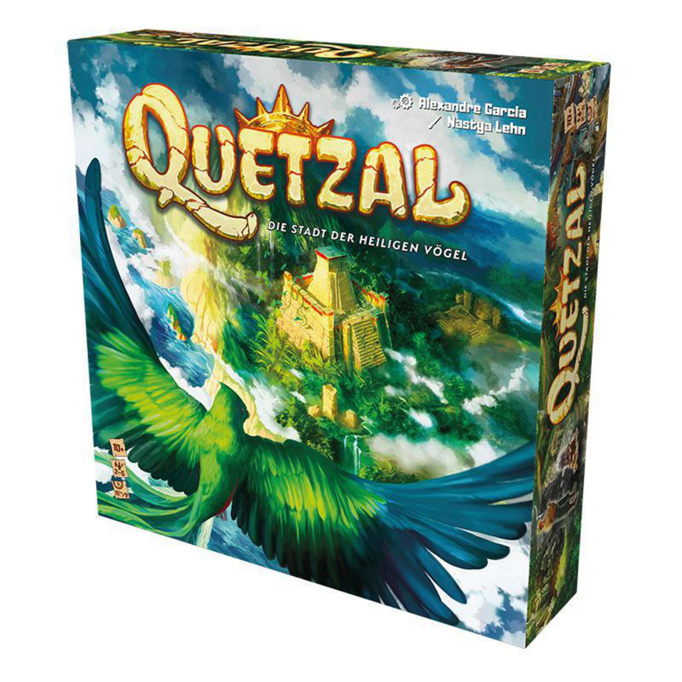 Brettspielbox, 'Quetzal', mit Papageienillustration und farbenfrohem Hintergrund. Grün- und Blautöne.