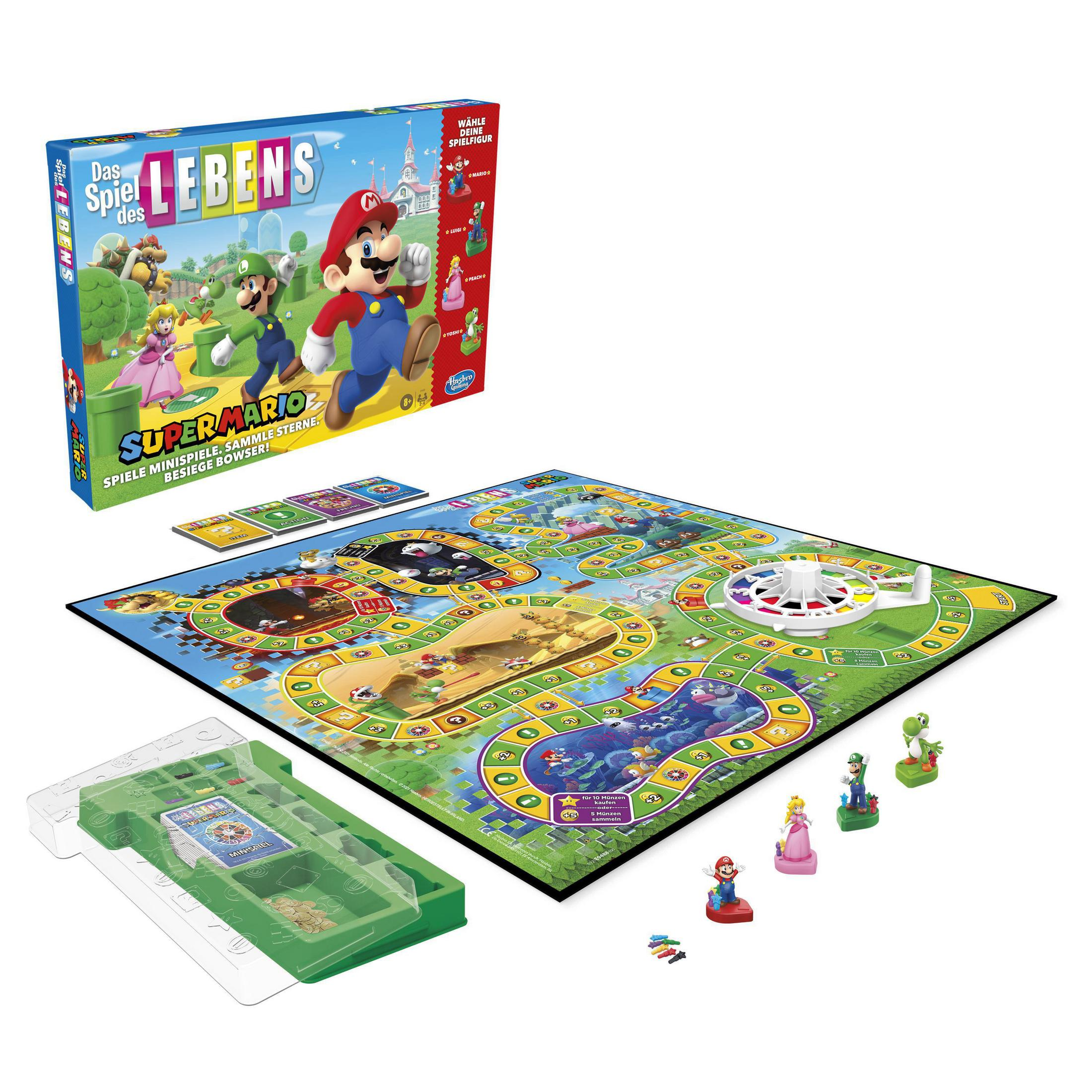 Gra planszowa Mario, z planszą, figurkami i pudełkiem. Zawiera Mario, Luigiego, Peach. Białe tło.