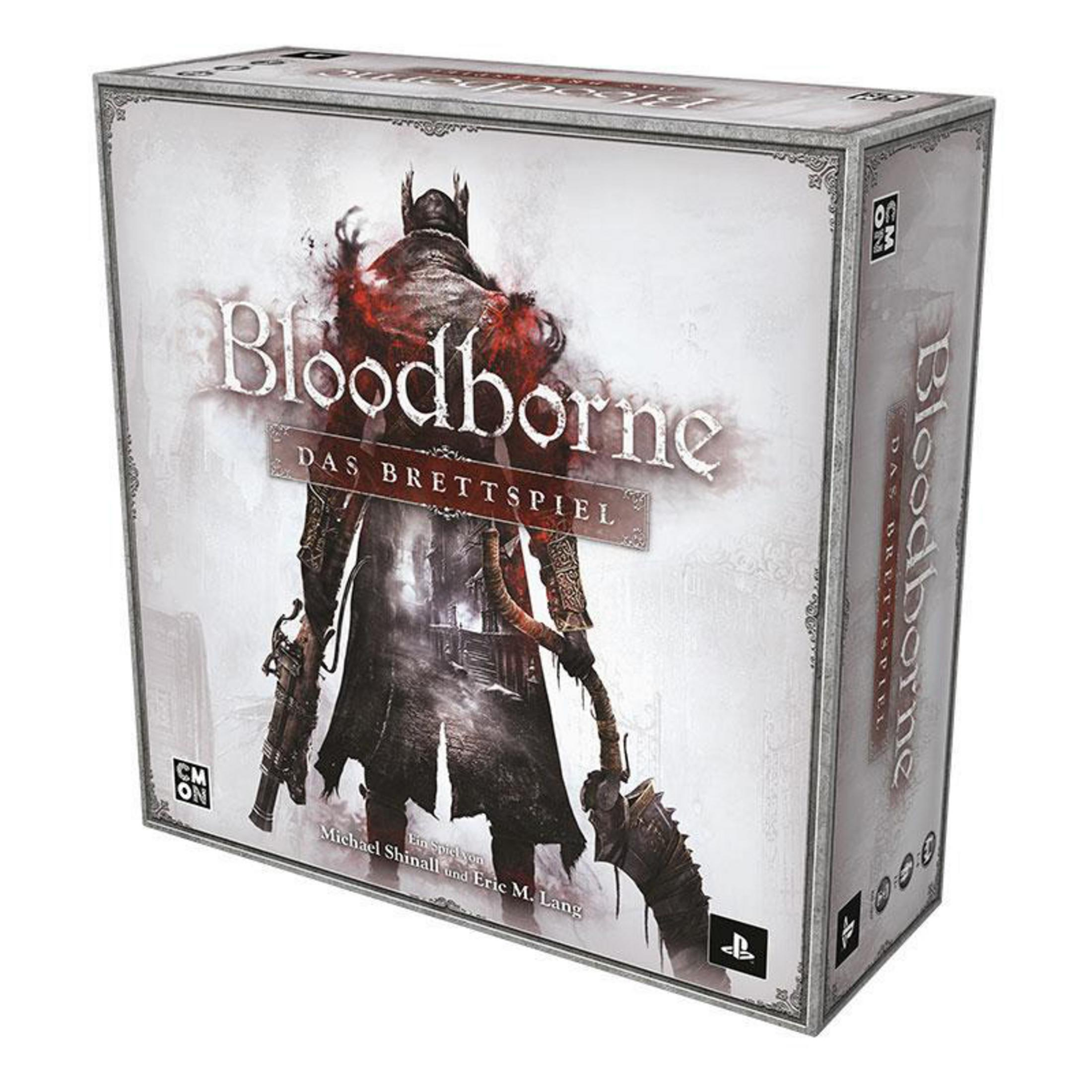 Bloodborne Brettspielbox mit einer dunklen Illustration einer Figur und dem Titel.