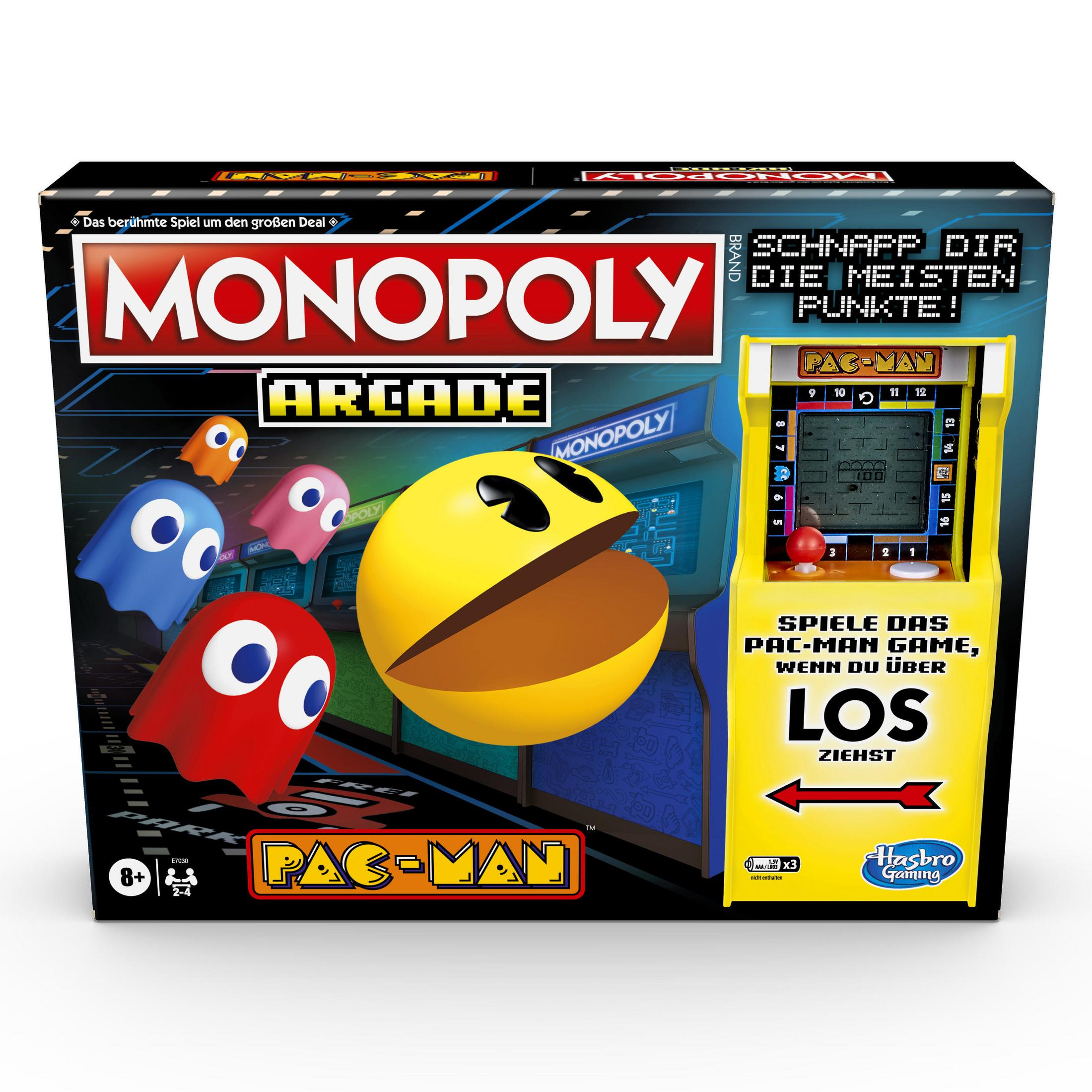 Monopoly Arcade Pac-Man Brettspielbox mit Pac-Man, Geistern und einem Pac-Man-Spielautomaten.