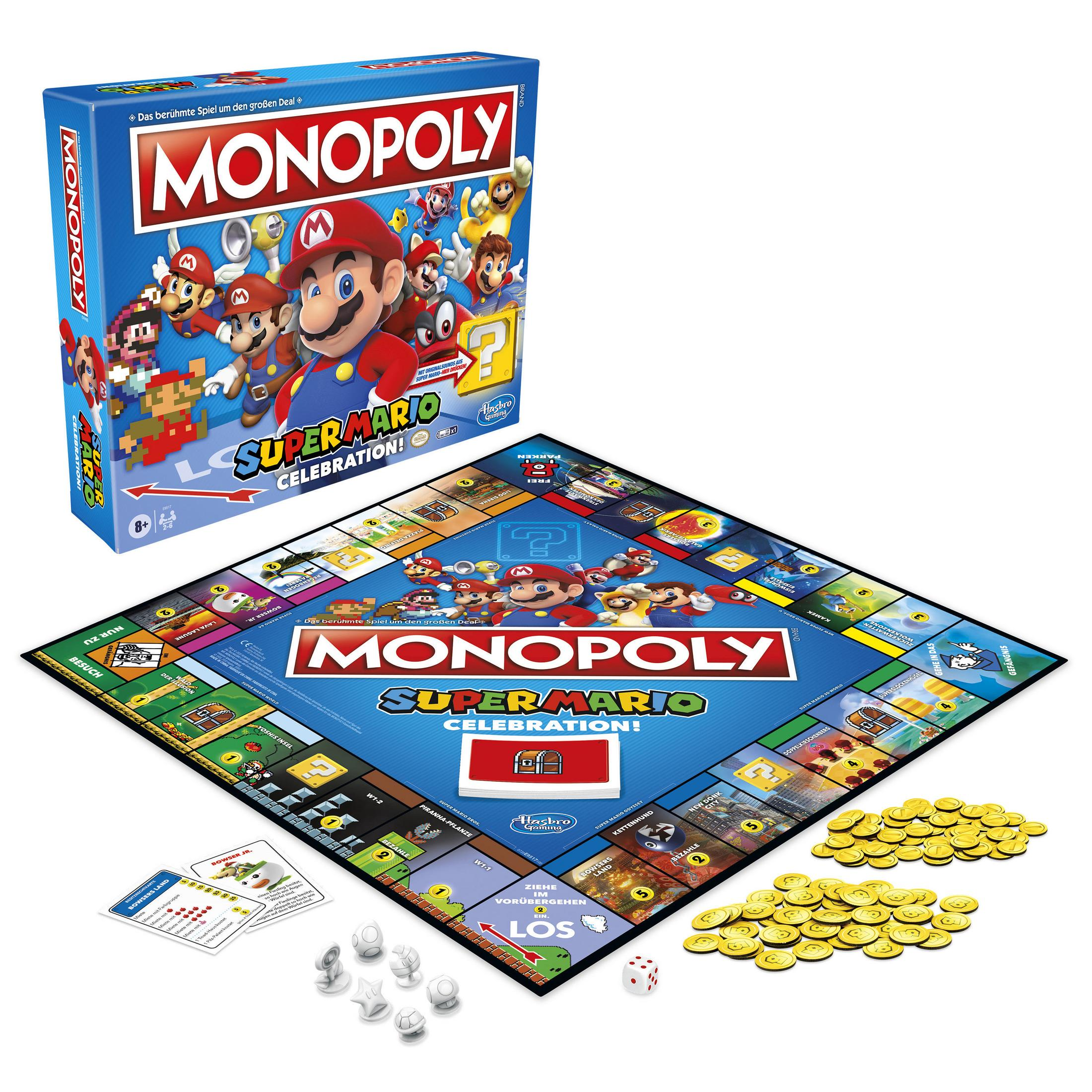 Monopoly Super Mario Spielbox und Spielbrett, mit Mario und Freunden, plus Spielfiguren und Karten.