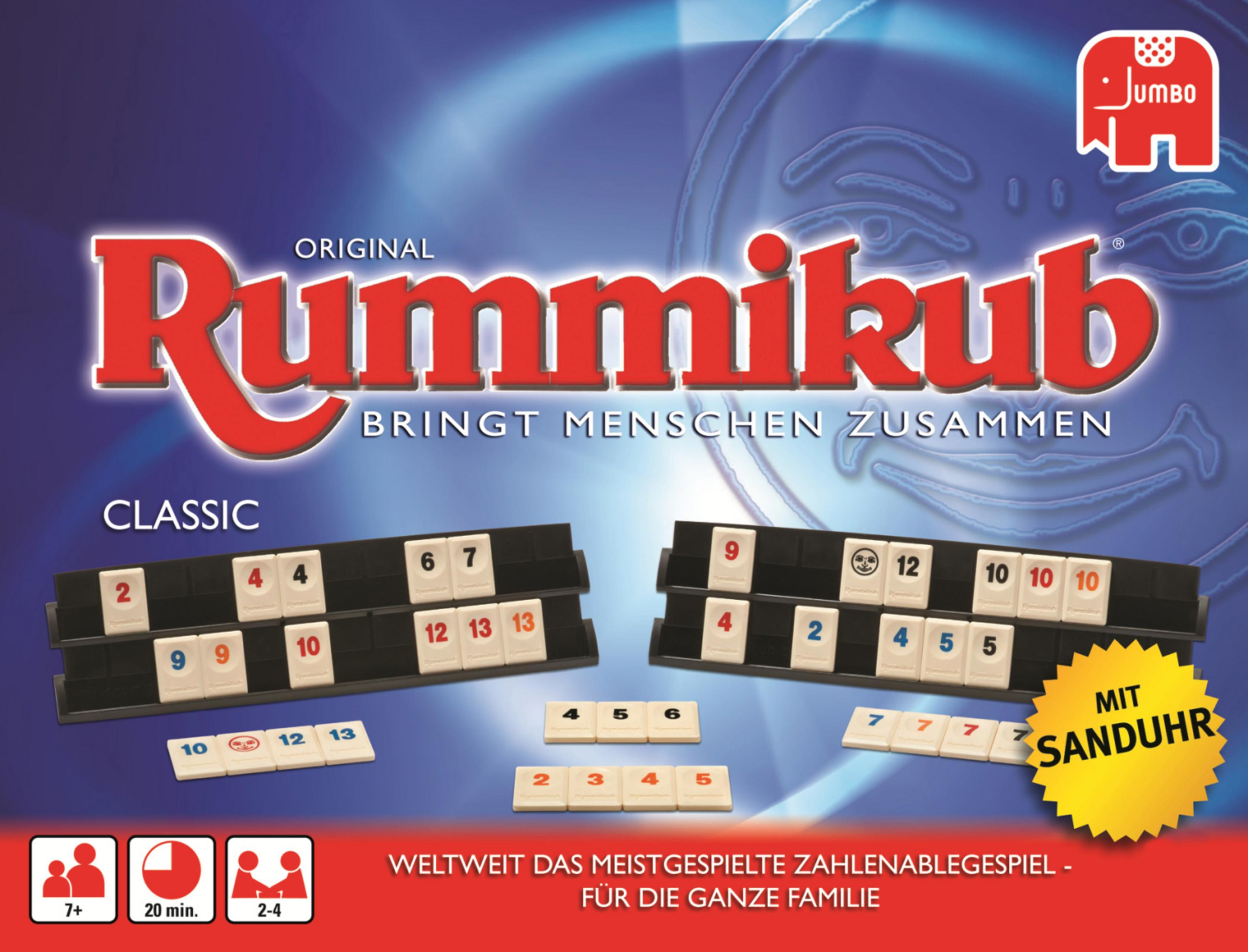 Rummikub Brettspielbox mit Spielsteinen und dem Text 'Bringt Menschen Zusammen'.