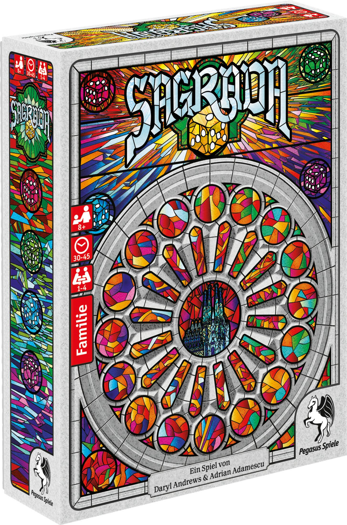 Pudełko gry Sagrada z ilustracją witrażu, kośćmi i tytułem gry.