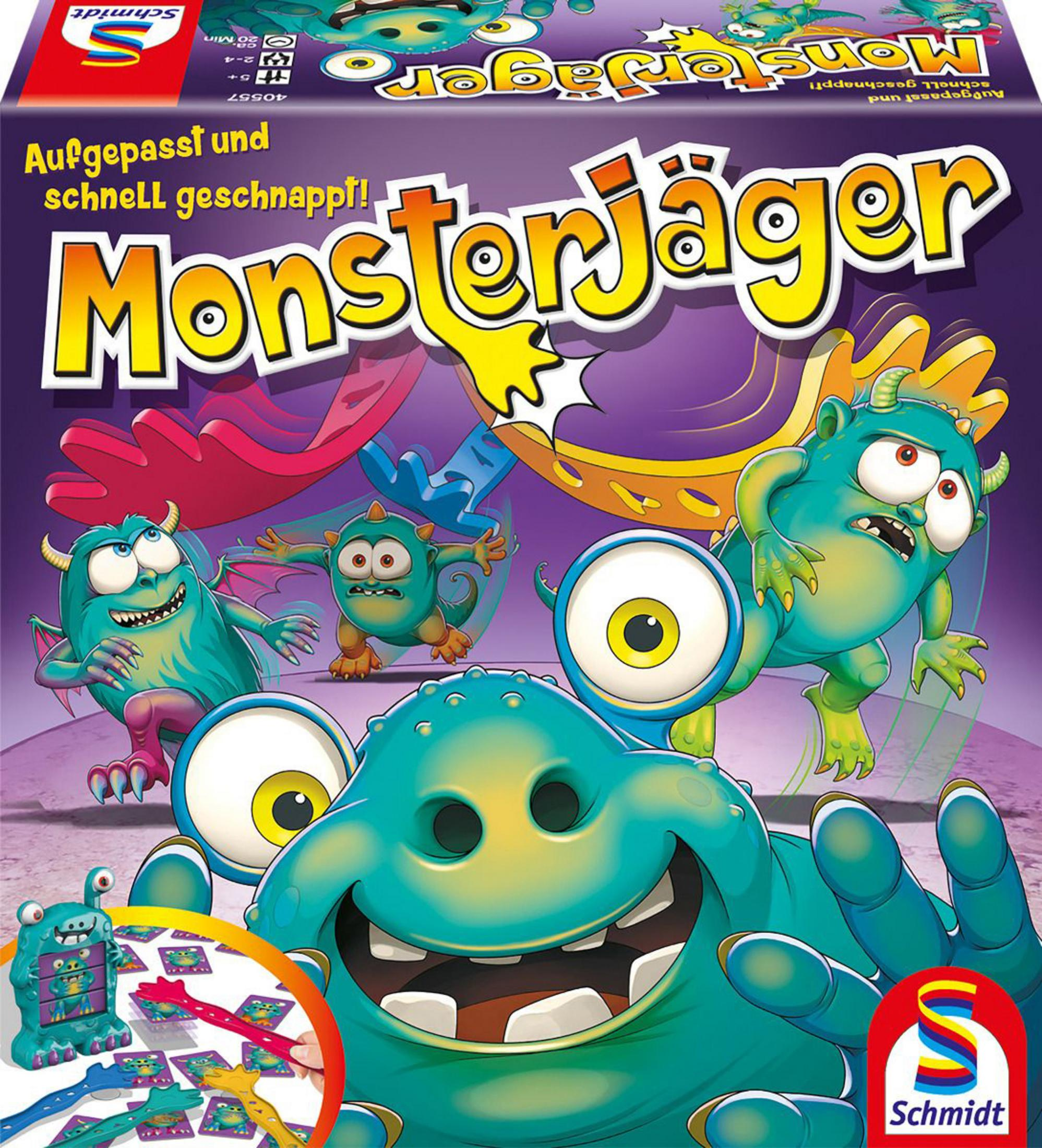 Spielbox mit Monstern, Titel "Monsterjäger" und Illustrationen von Monstern und Spielelementen.