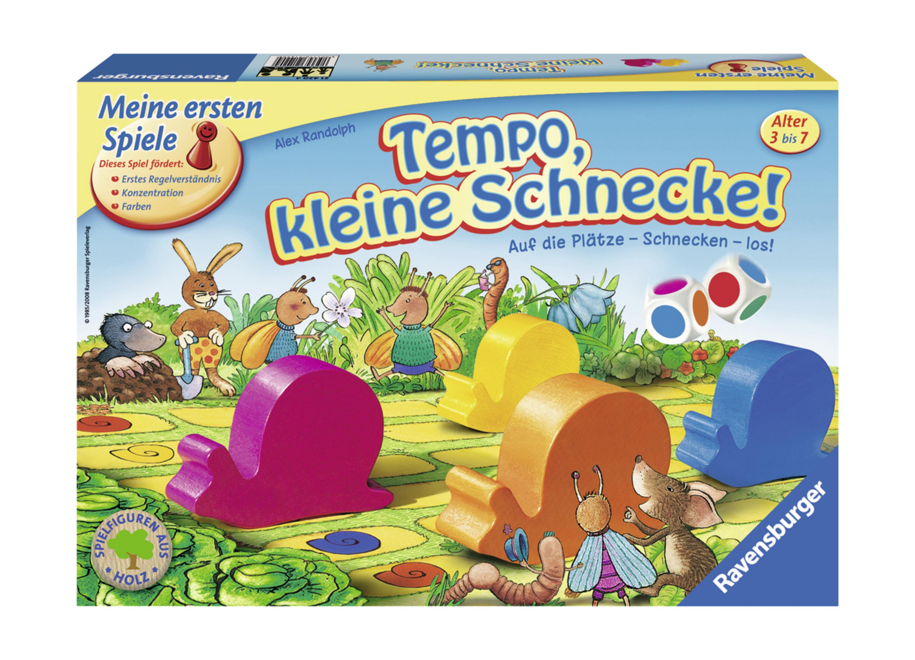 Tempo, Kleine Schnecke Brettspielbox. Schnecken und Würfel. Text: Für Kinder von 3-7 Jahren, fördert erste Fähigkeiten.