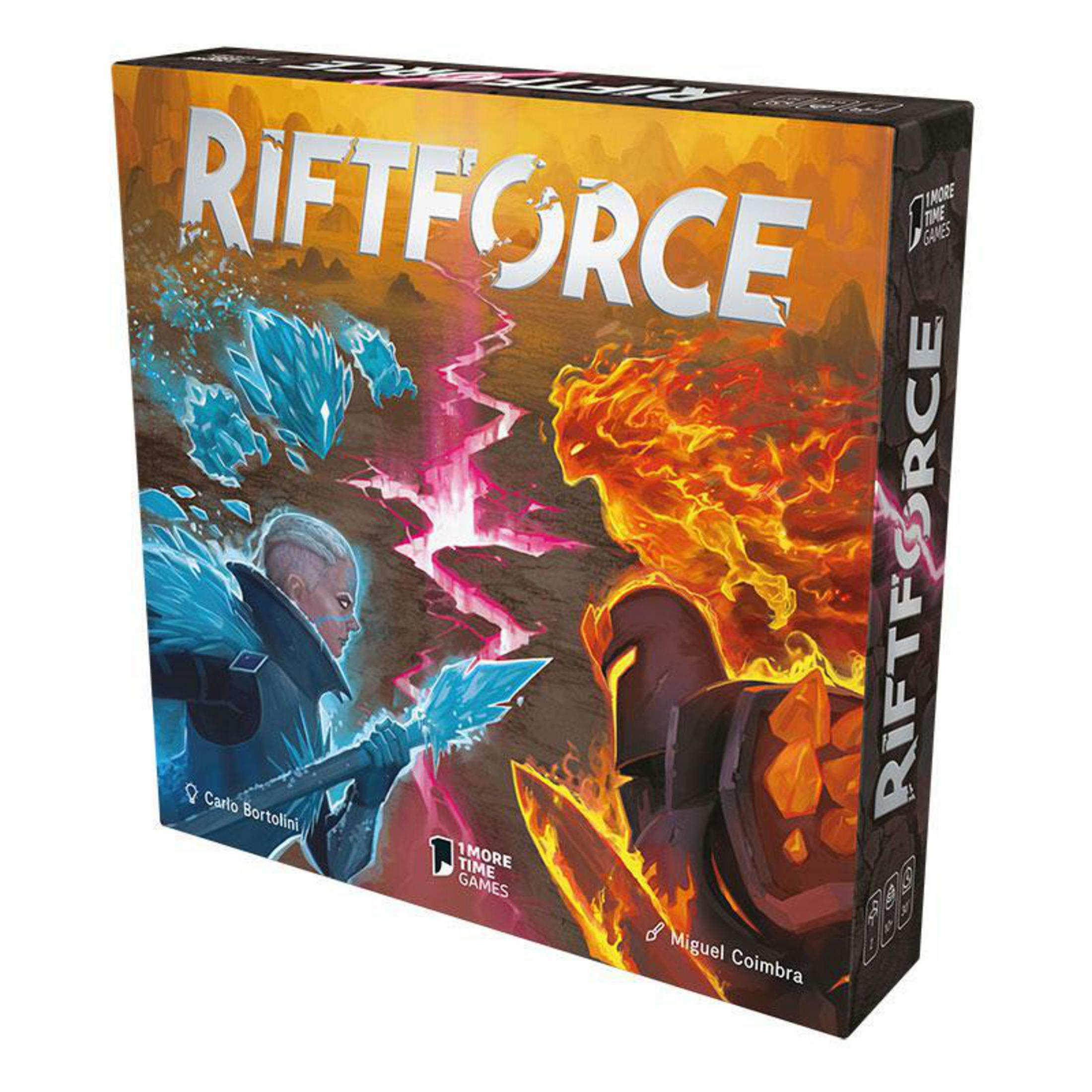 Box-Art für 'Riftforce' zeigt einen Kampf zwischen Feuer- und Eiselementaren.