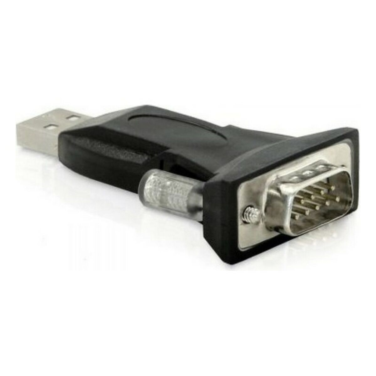 Un adattatore da USB a VGA nero. Ha un connettore USB e una porta VGA. Sfondo bianco.