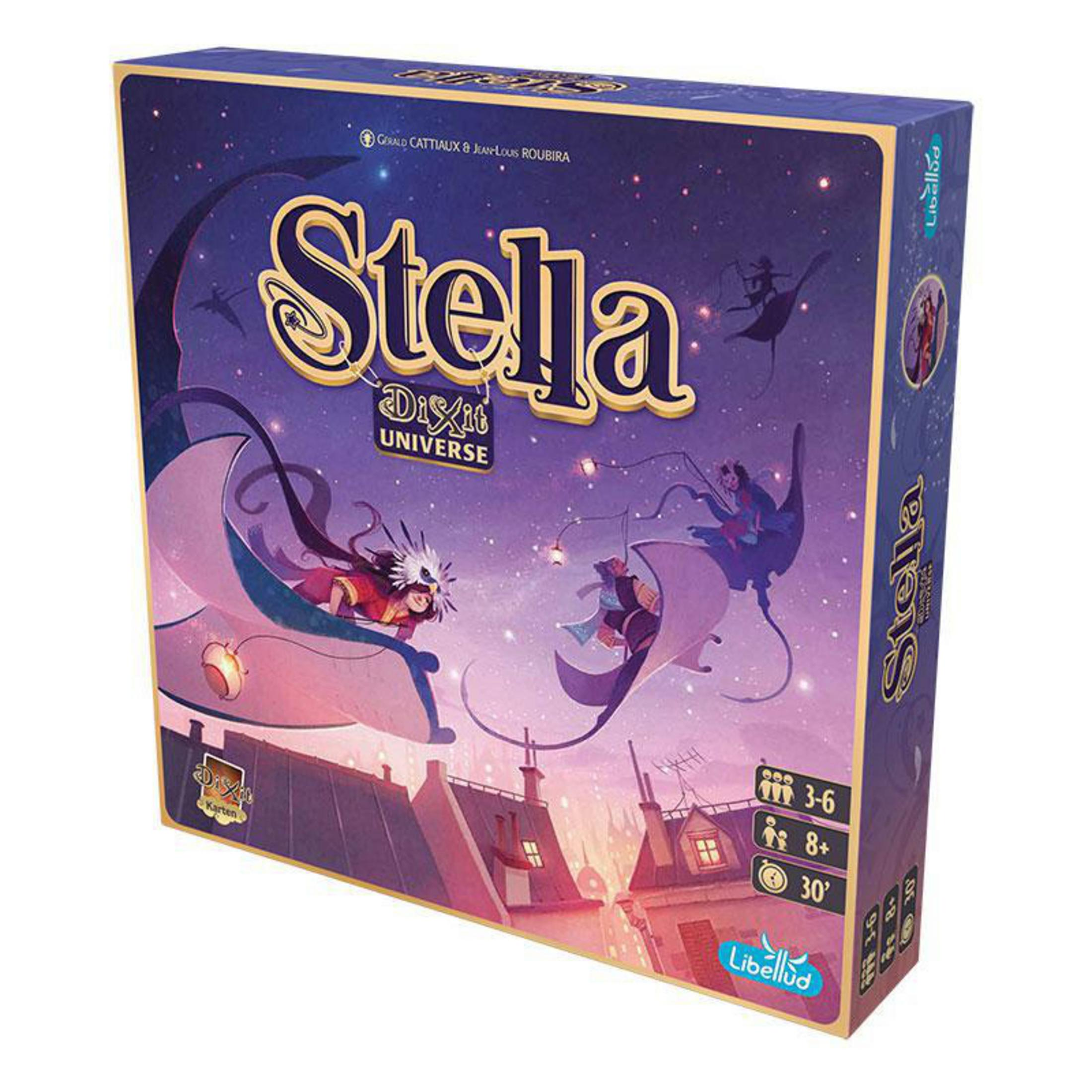 Schachtelkunst für Stella Dixit Universe. Charaktere auf Mondsicheln, Sterne am lila Himmel.