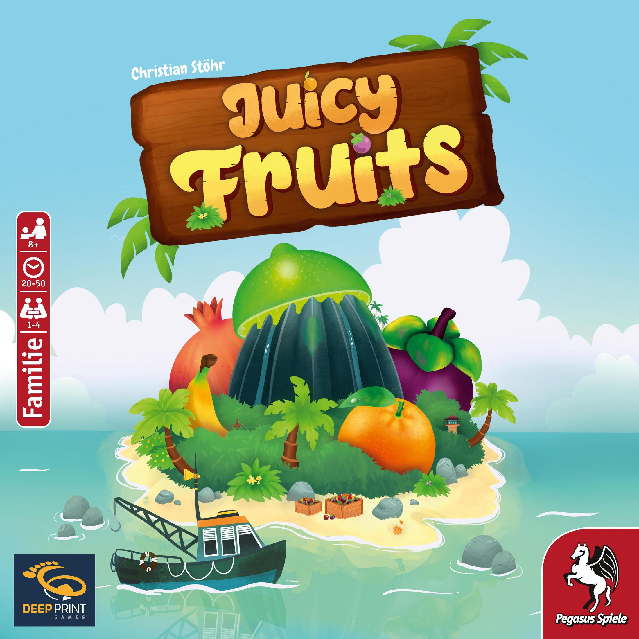 Juicy Fruits Brettspielbox. Eine Insel mit Früchten und einem Boot auf dem Meer, blauer Himmel.