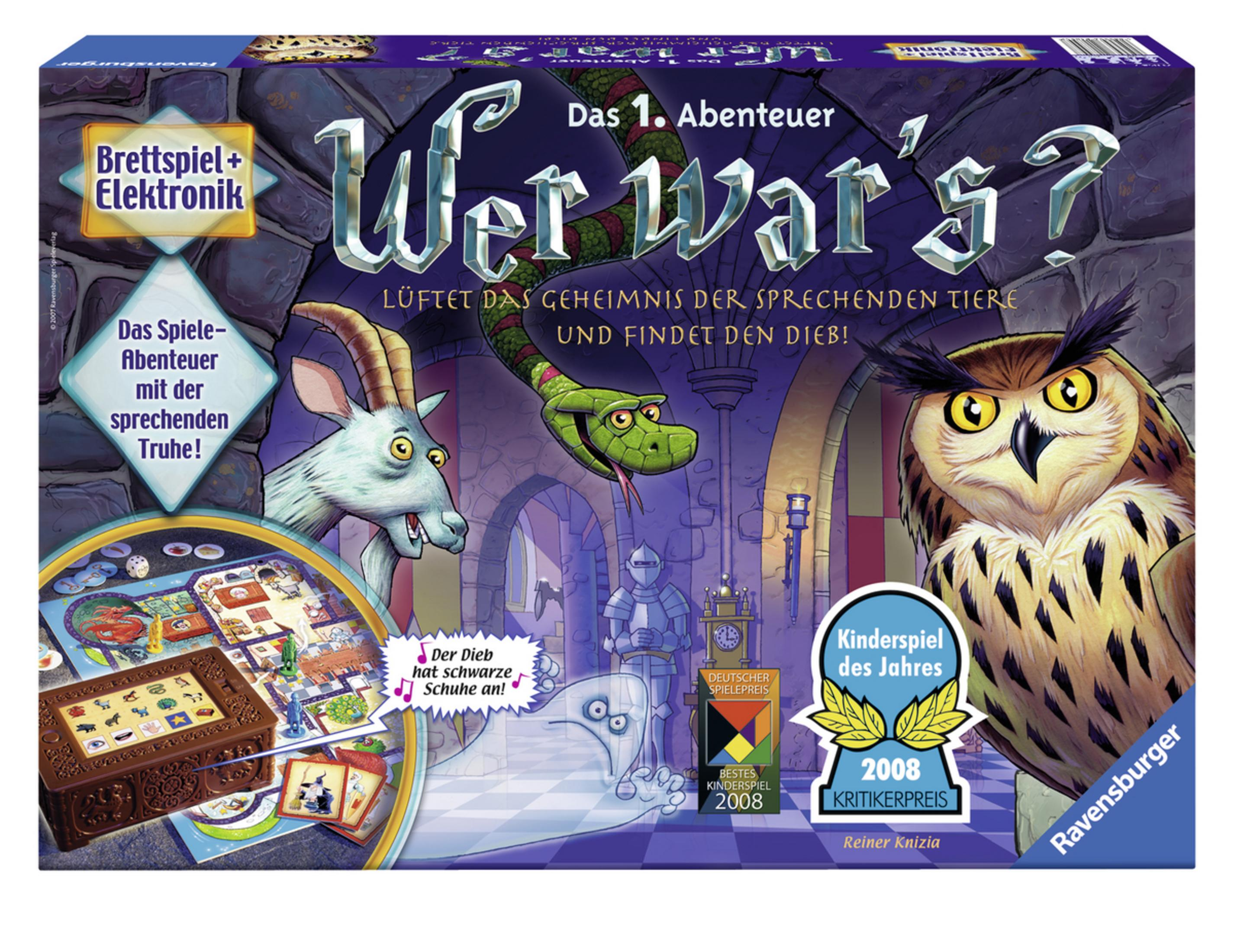 Wer war's? pudełko z grą planszową z kozą, wężem i sową w zamku.