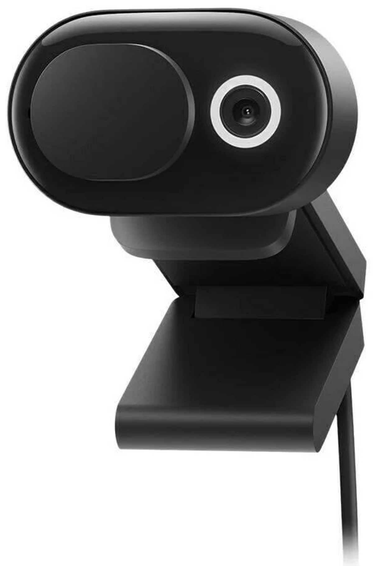 Czarna kamera internetowa z zaokrągloną górą, obiektywem i regulowanym stojakiem. Jest skierowana w górę.
