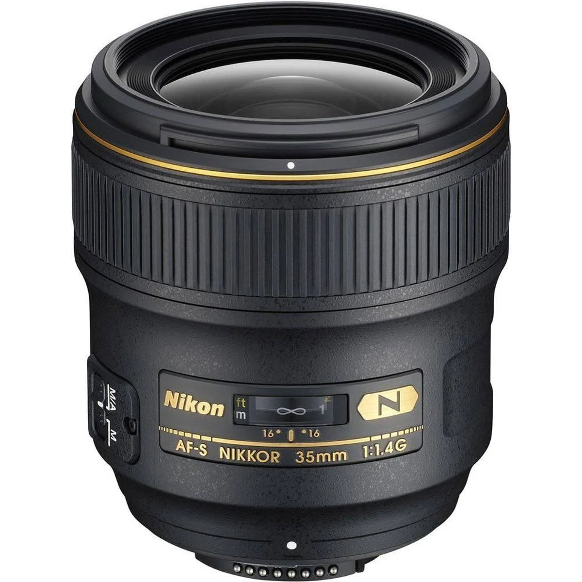 Ein schwarzes und goldenes Nikon-Objektiv mit Glaslinse ist zentriert.