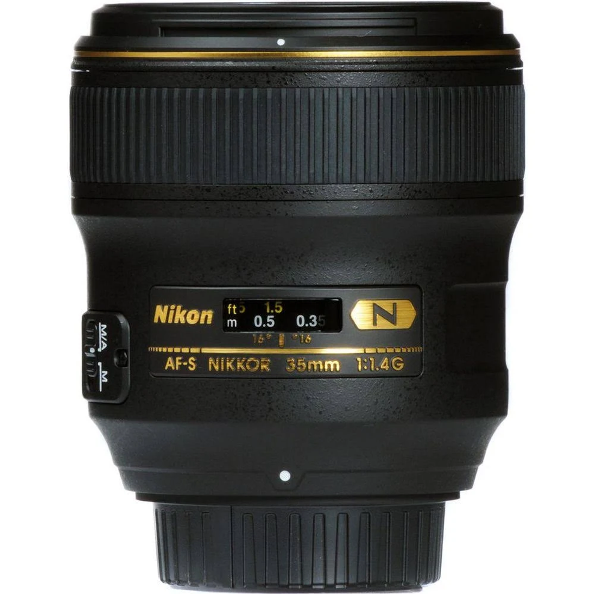 Schwarz-goldenes Nikon AF-S NIKKOR 35mm f/1.4G Objektiv, Nahaufnahme, auf weißem Grund.