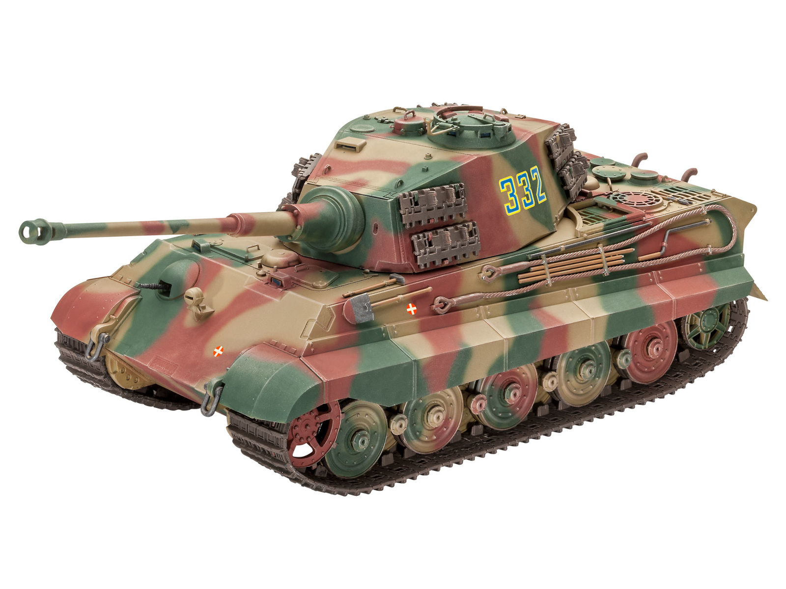 Ein getarntes Spielzeugpanzer mit langem Lauf und der Nummer 332 an der Seite, auf weißem Hintergrund.