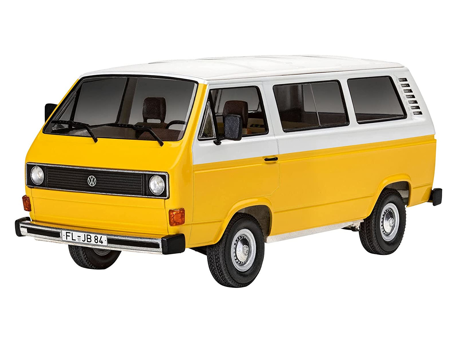Een geel en wit Volkswagen busje model op een witte achtergrond, met kenteken.