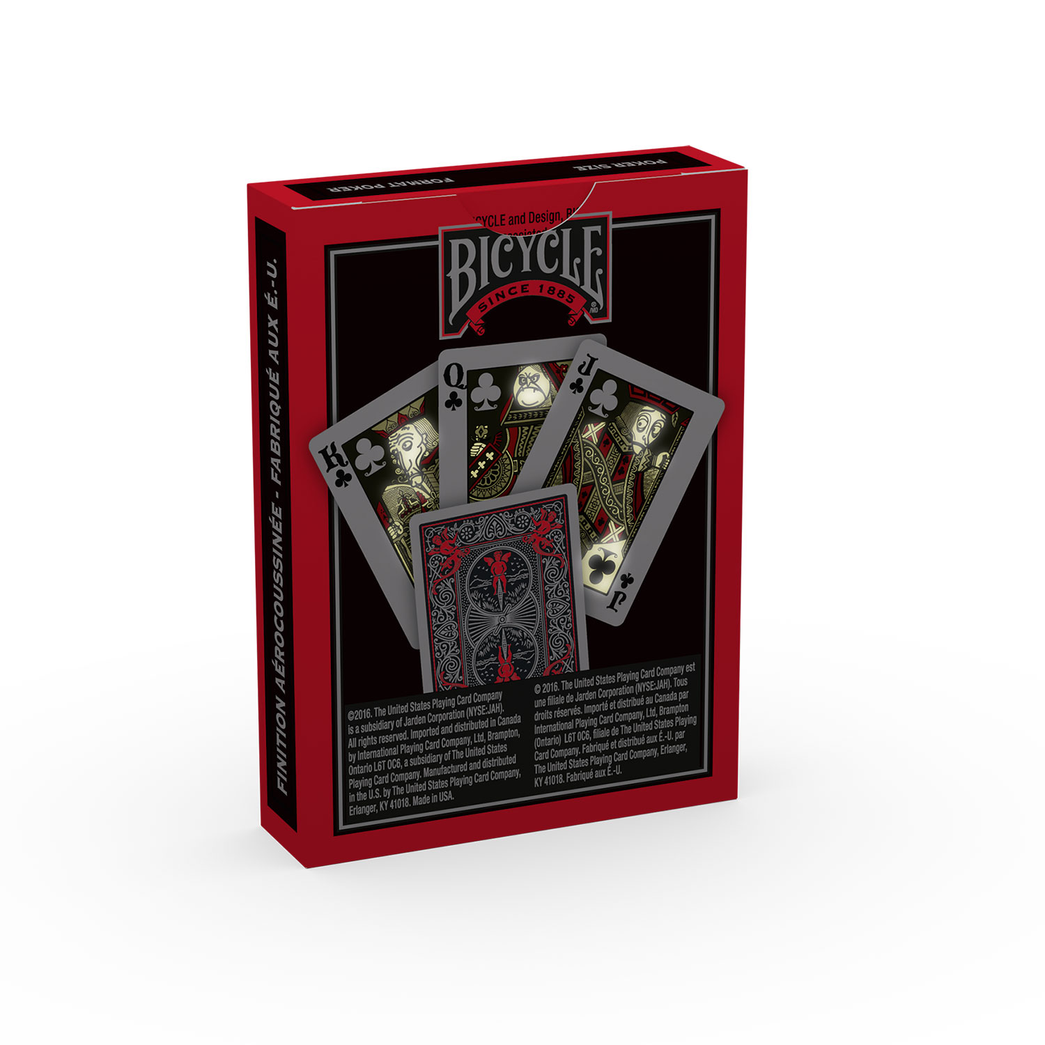 Spielkarten-Deck von Bicycle in einer roten Box, mit Karten auf der Vorderseite.