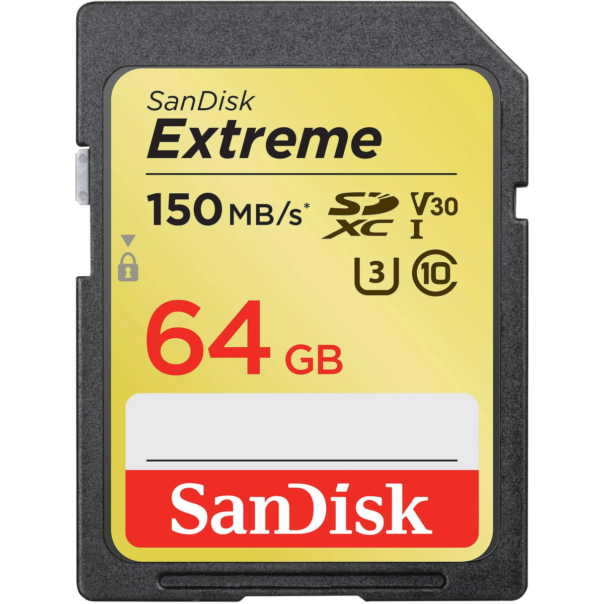 Tarjeta SD Sandisk Extreme. Amarilla con texto negro, 64 GB, 150 MB/s y logo Sandisk.