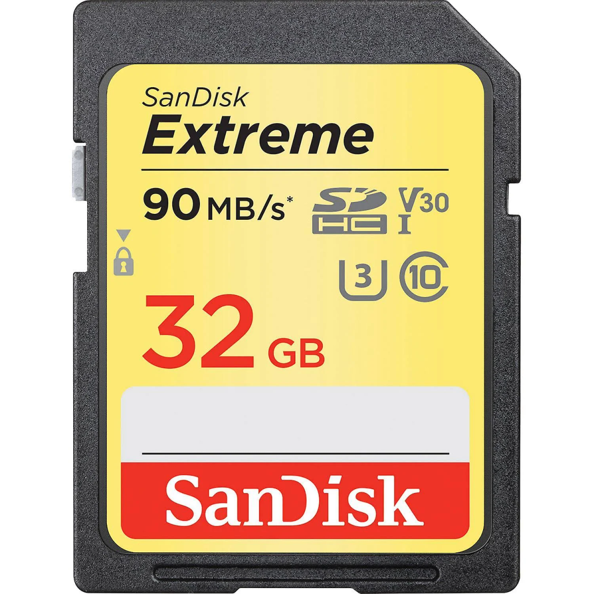 Una tarjeta SD Sandisk Extreme con etiqueta amarilla, capacidad de 32 GB y detalles de velocidad de 90 MB/s.