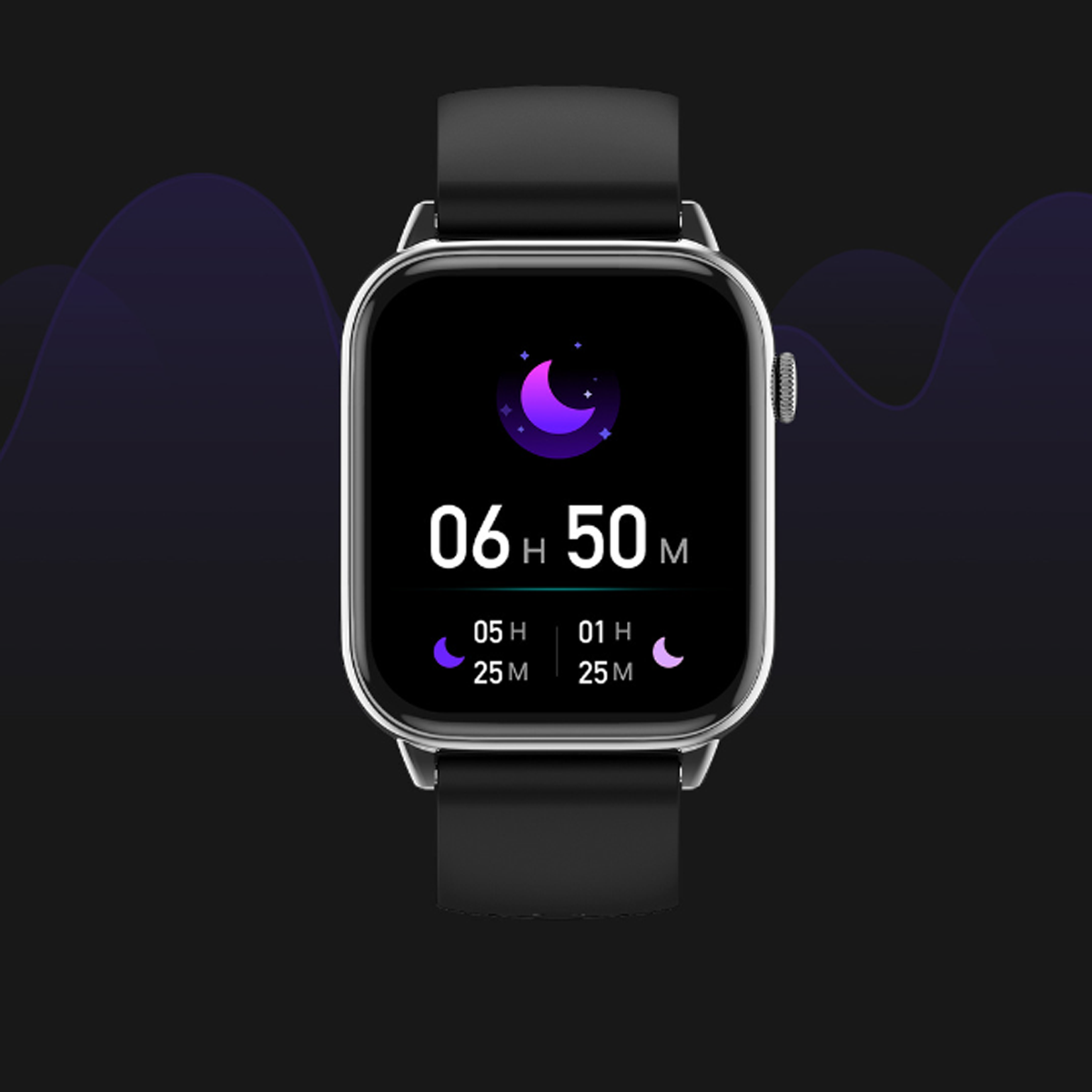 Eine schwarze Smartwatch mit quadratischem Bildschirm, der Zeit und Mondphasen anzeigt, auf schwarzem Hintergrund.