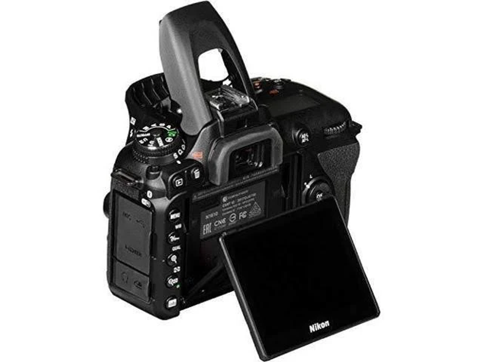 Cámara Nikon negra, vista trasera, con pantalla inclinada y varios botones y diales visibles.