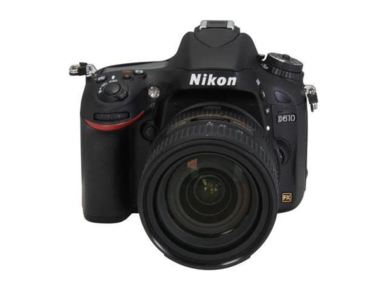 Cámara DSLR Nikon negra con lente. La cámara mira al frente, con el logo Nikon visible.