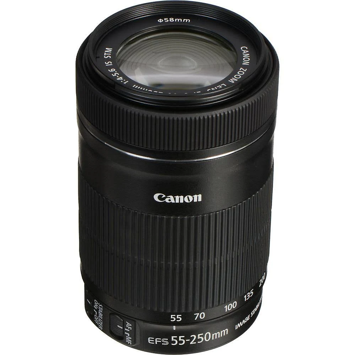 Lente de cámara Canon negro. EFS 55-250mm, con anillos de enfoque y estabilización. El logo de Canon es blanco.