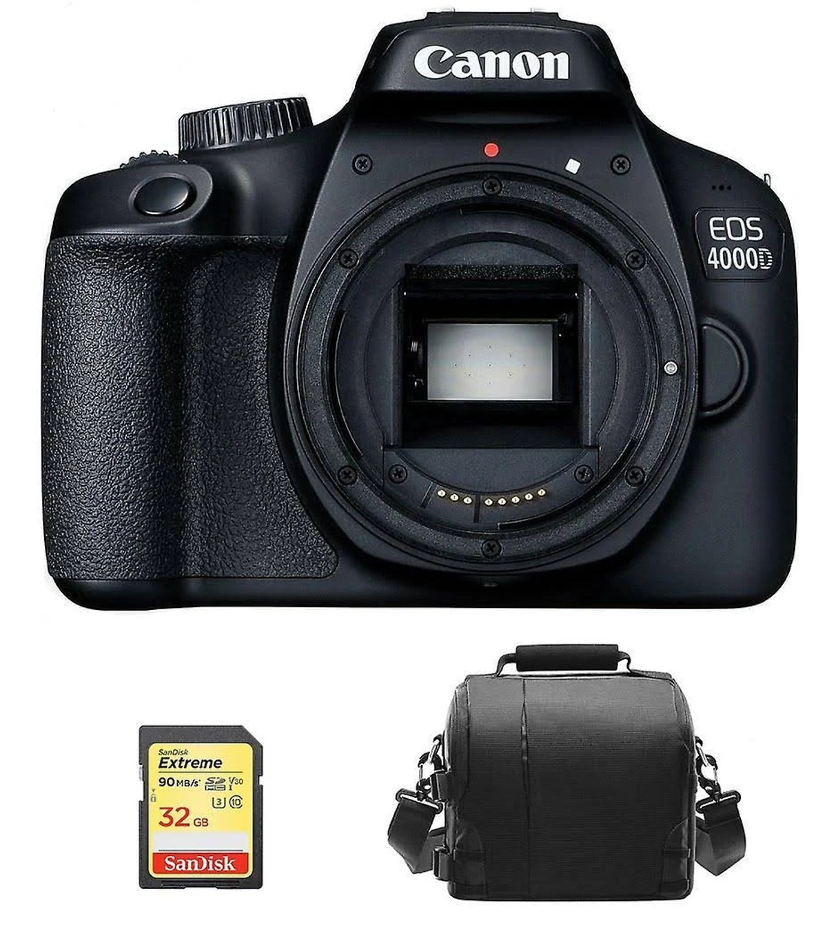 Cámara Canon negra con lente, tarjeta SD y bolsa de transporte, todo sobre fondo blanco.