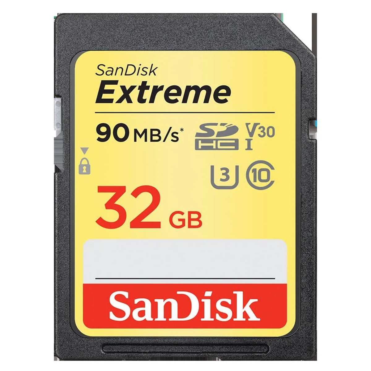Tarjeta SD Sandisk Extreme, 32GB. Amarillo y negro, con texto e iconos. La tarjeta está enfocada.