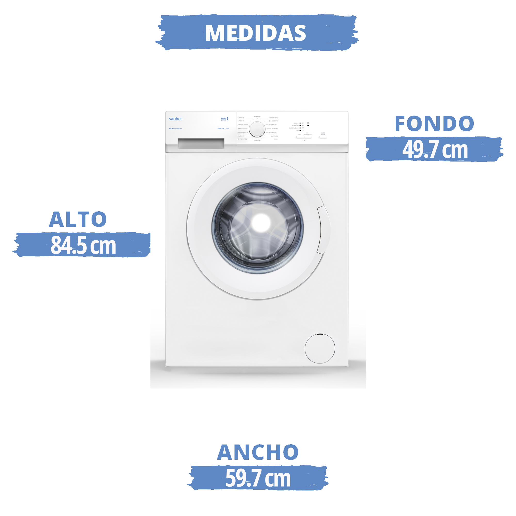 Lavadora blanca con etiquetas de medidas de altura, ancho y profundidad.