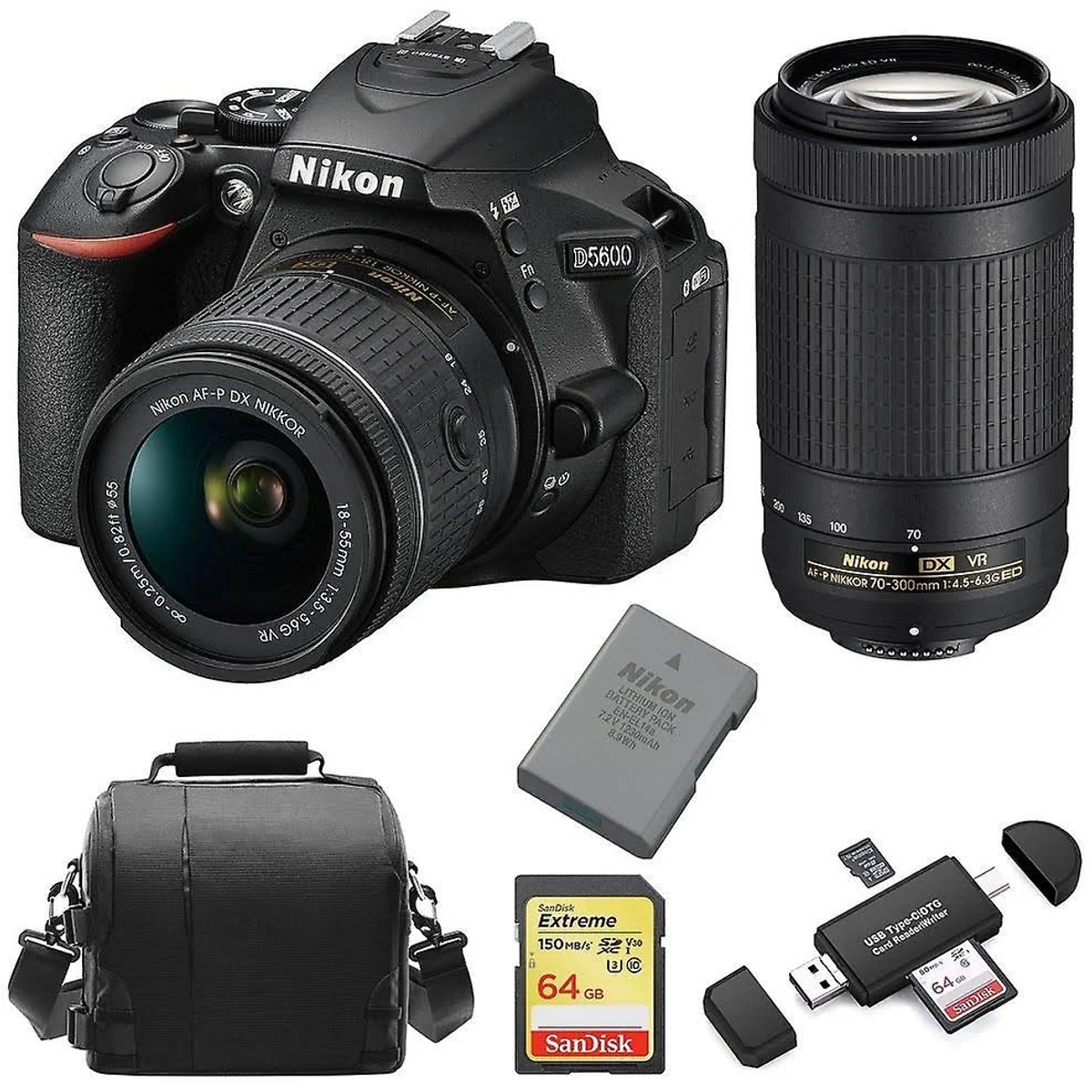Cámara Nikon D5600 con lente, bolsa, batería, tarjeta y lector de tarjetas.