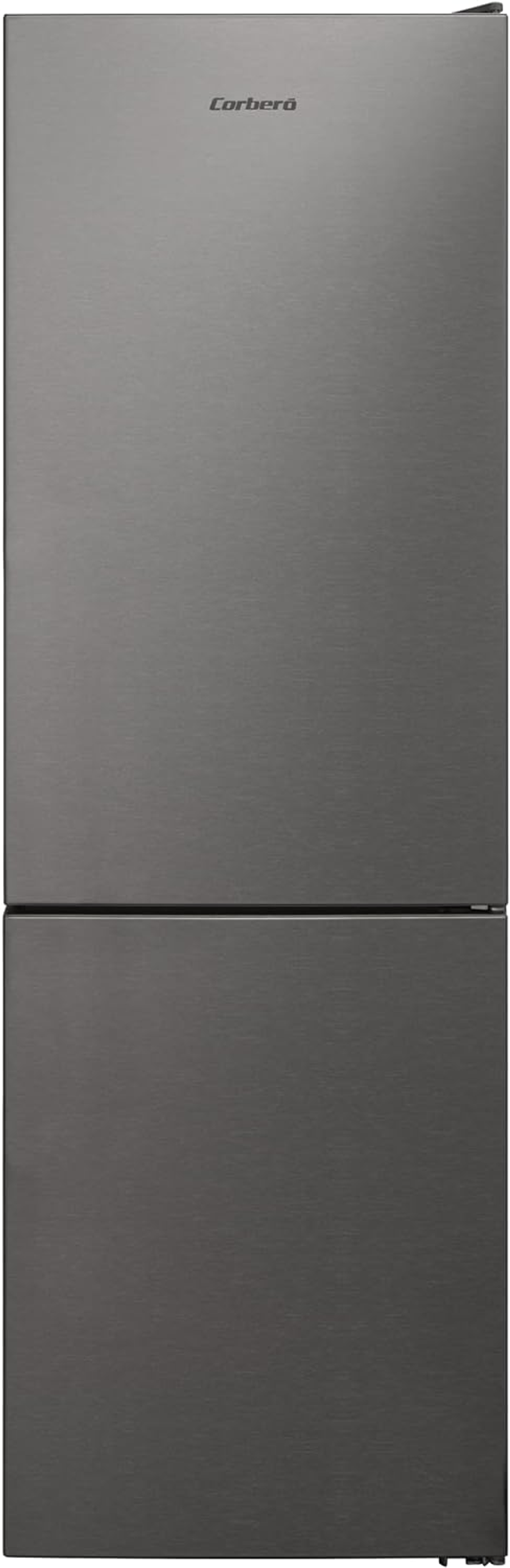 Un refrigerador alto, gris oscuro, con el logo Corberó en la puerta superior.