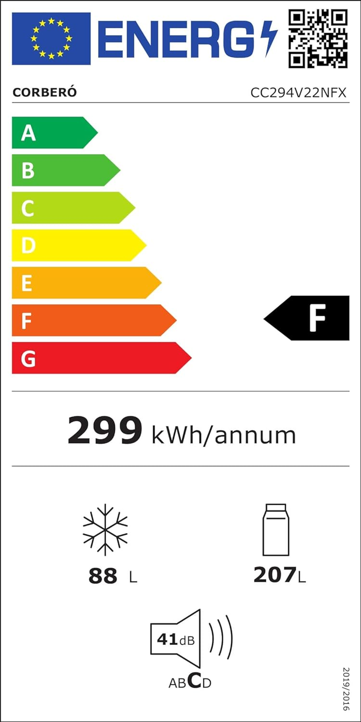 Etiqueta energética para un frigorífico Corbero. Muestra la clase de eficiencia energética F y un consumo de energía de 299 kWh/año.