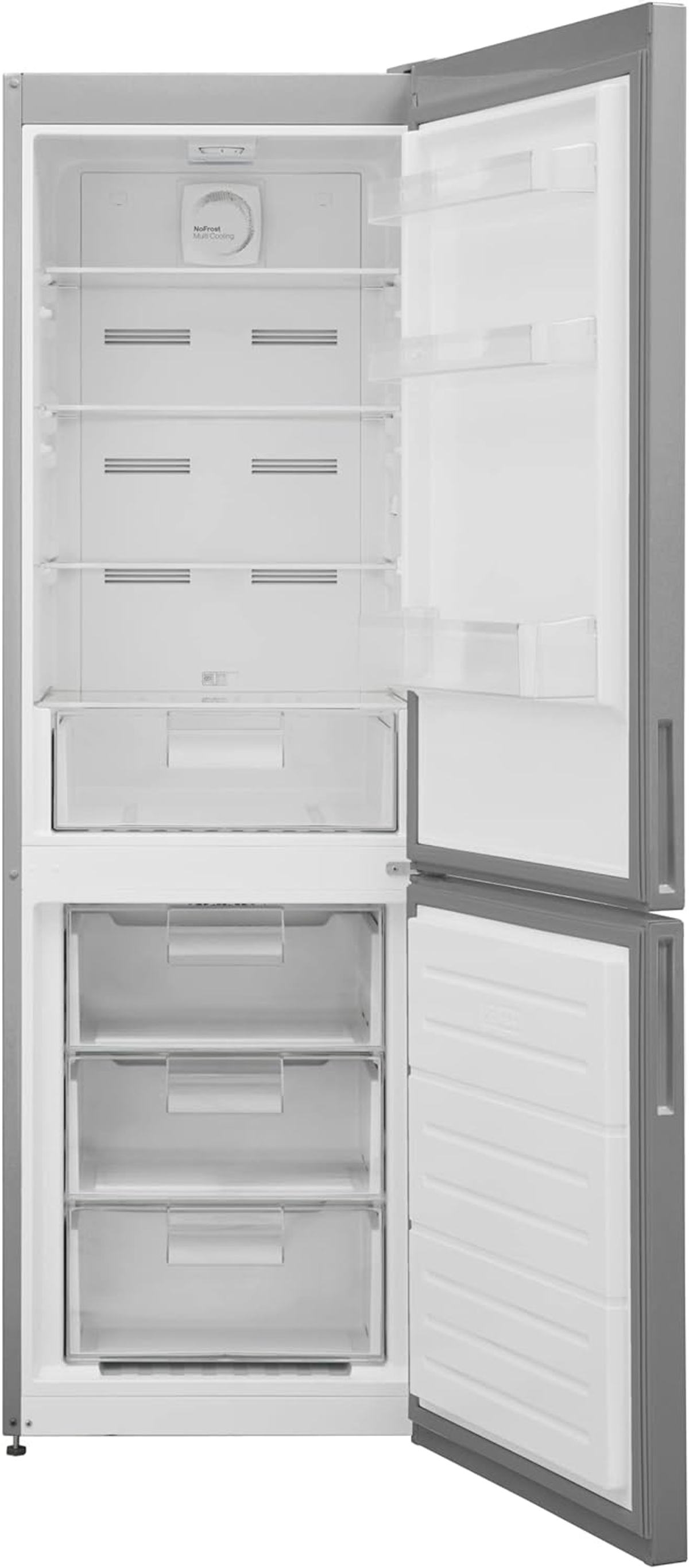 Frigorífico plateado con puerta abierta. Dentro, estantes, cajones. Interior blanco. Exterior gris.
