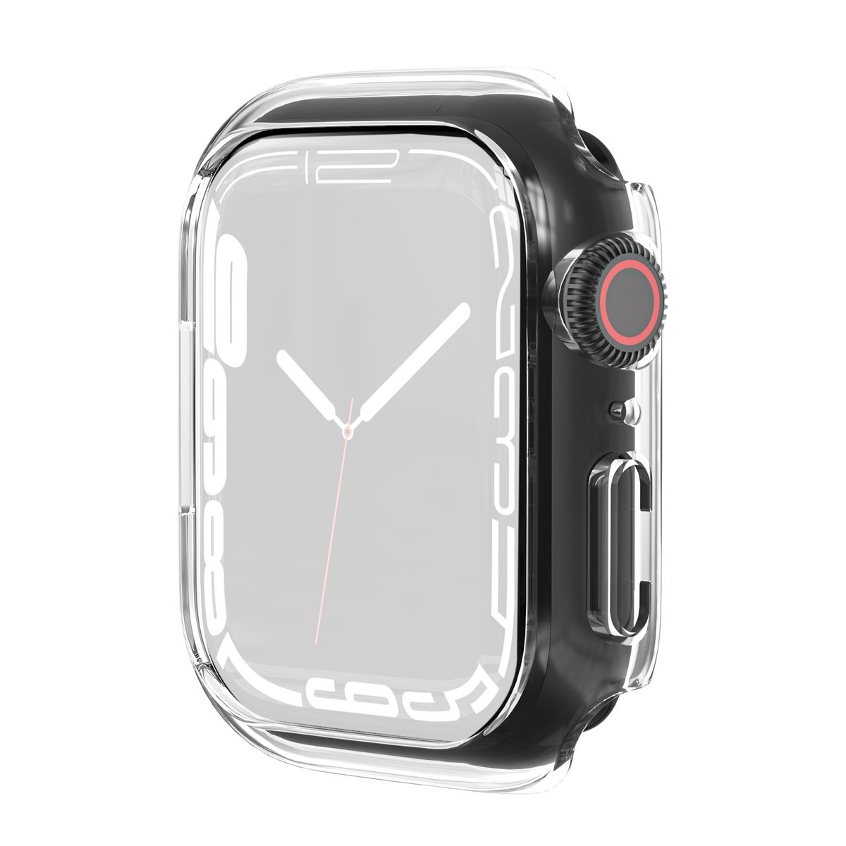 Apple Watch mit transparentem Gehäuse, zeigt das Zifferblatt.