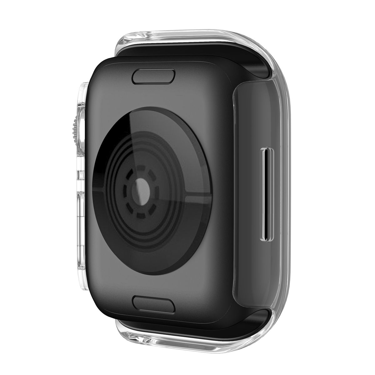 Schwarzes Smartwatch-Gehäuse mit transparentem Deckel, schräge Ansicht, zeigt das Design und die Sensoren der Uhr.