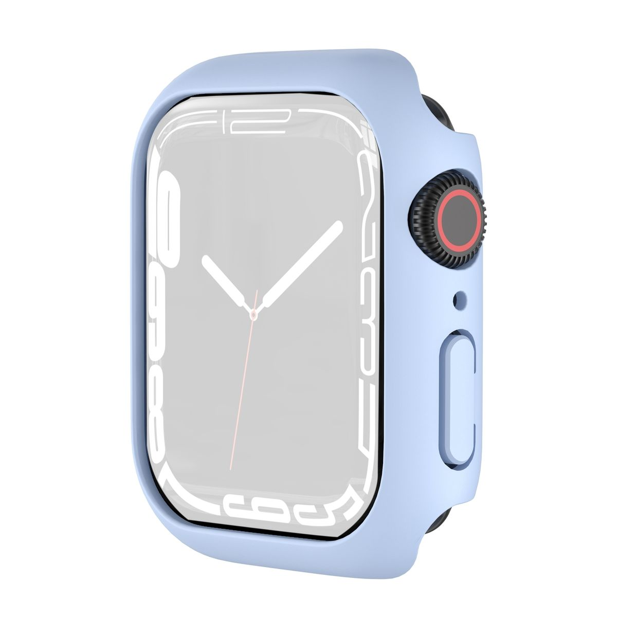 Ein hellblaues Smartwatch-Gehäuse mit Bildschirm, der die Uhrzeit anzeigt. Es hat ein rotes Zifferblatt.