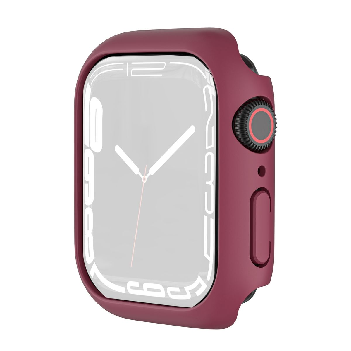 Burgunderfarbene Apple Watch mit Schutzhülle. Das Zifferblatt ist sichtbar, die Zeiger stehen auf 12 und 6.