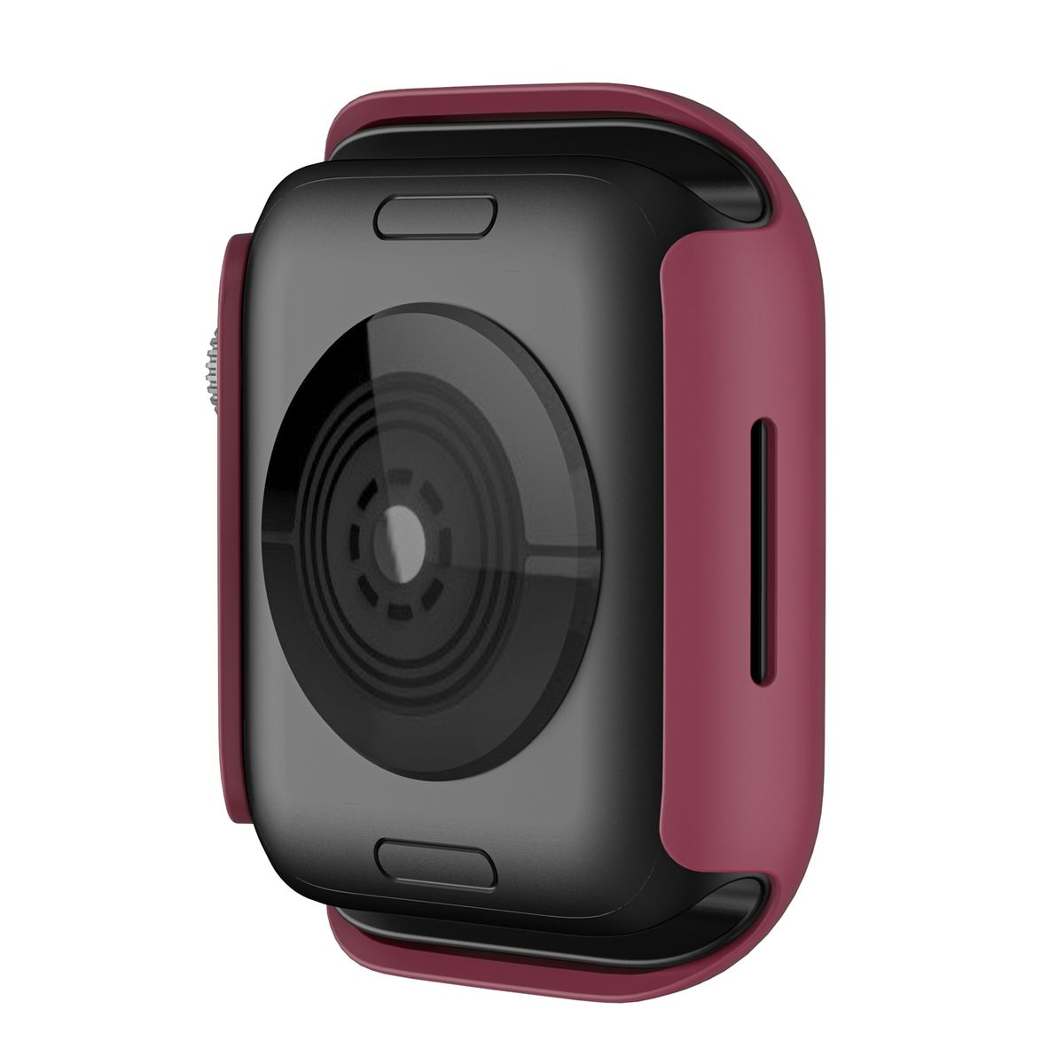 Eine weinrote Hülle für eine Smartwatch. Die Hülle bedeckt die Rückseite und die Seiten.