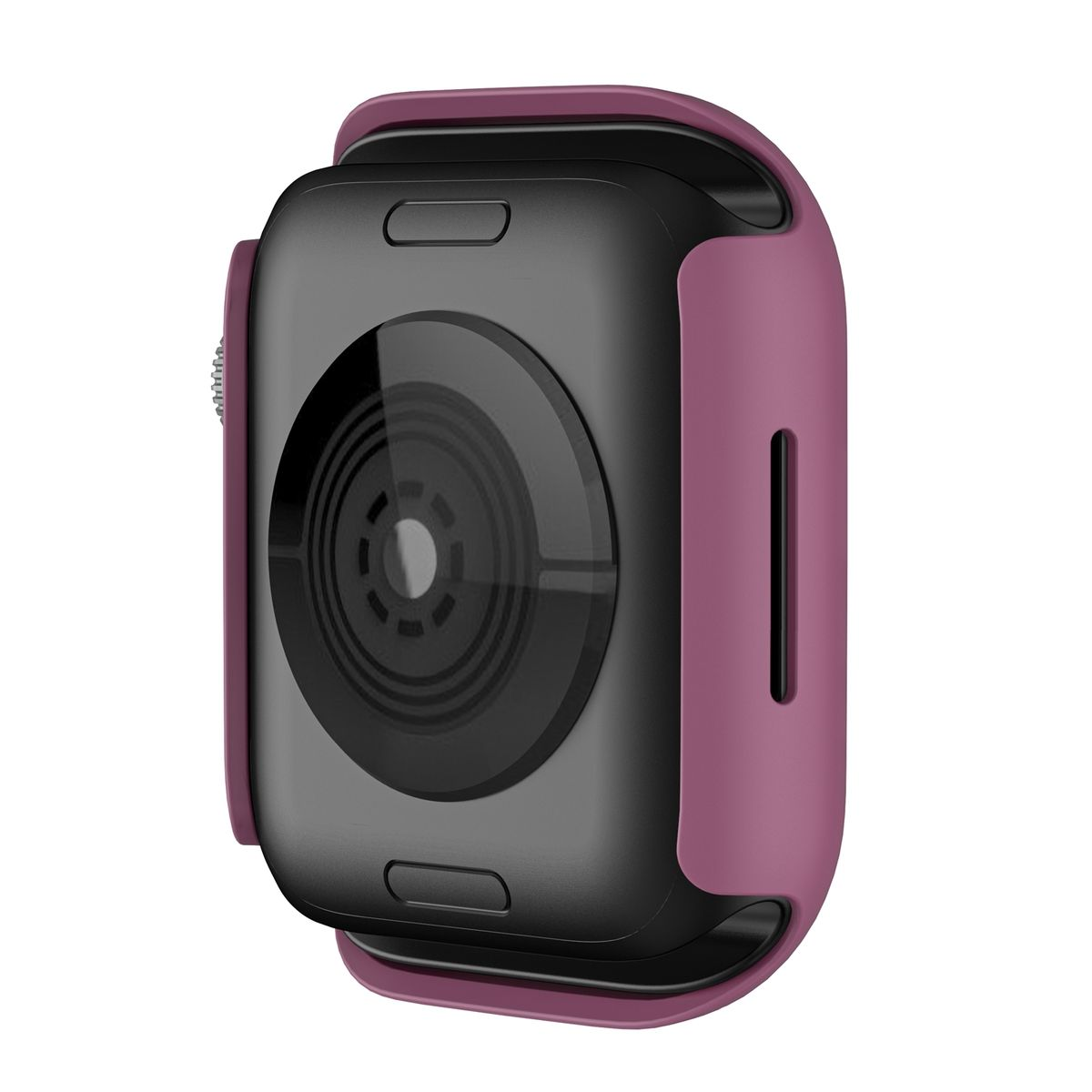 Lila Apple Watch-Hülle mit schwarzem Bildschirm und Kameraausschnitt, Nahaufnahme.