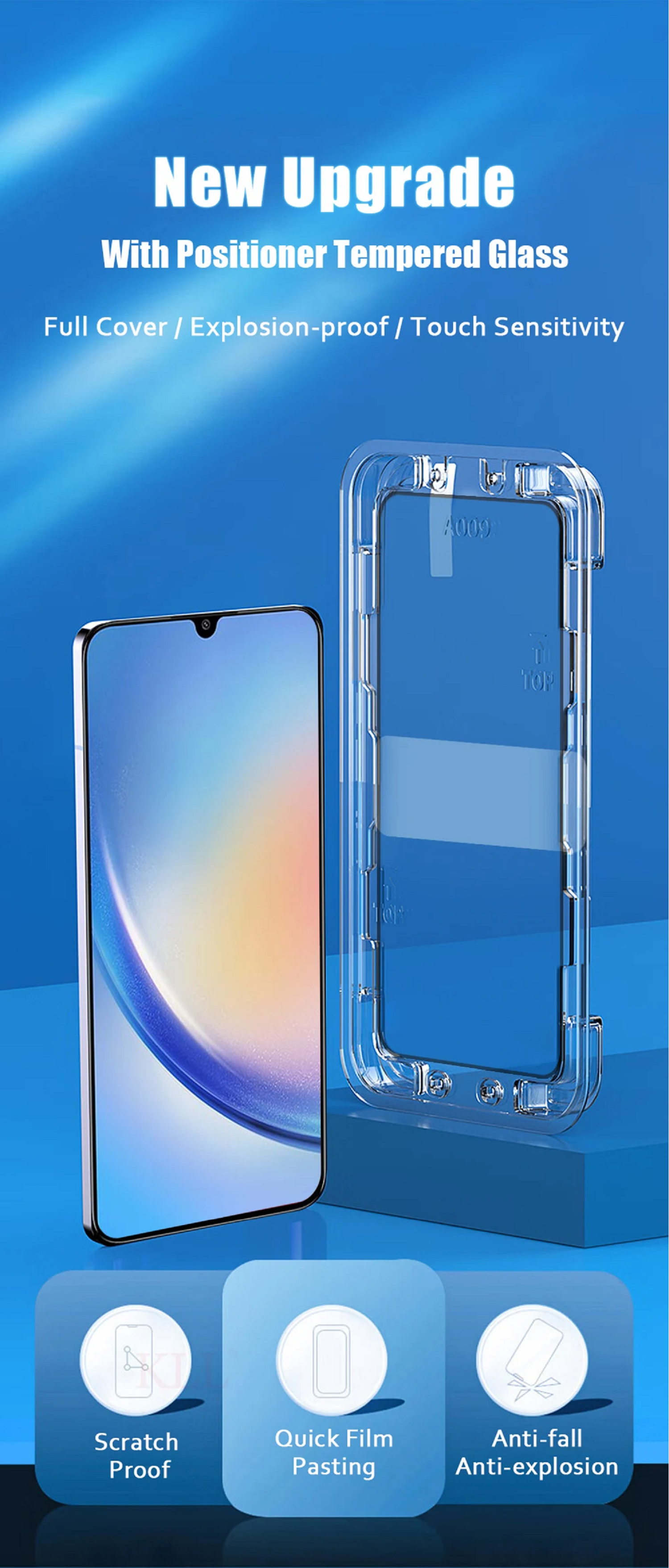 Telefon und Displayschutz. Telefon ist blau. Text: Neues Upgrade. Volle Abdeckung, explosionssicher, Berührungsempfindlichkeit.