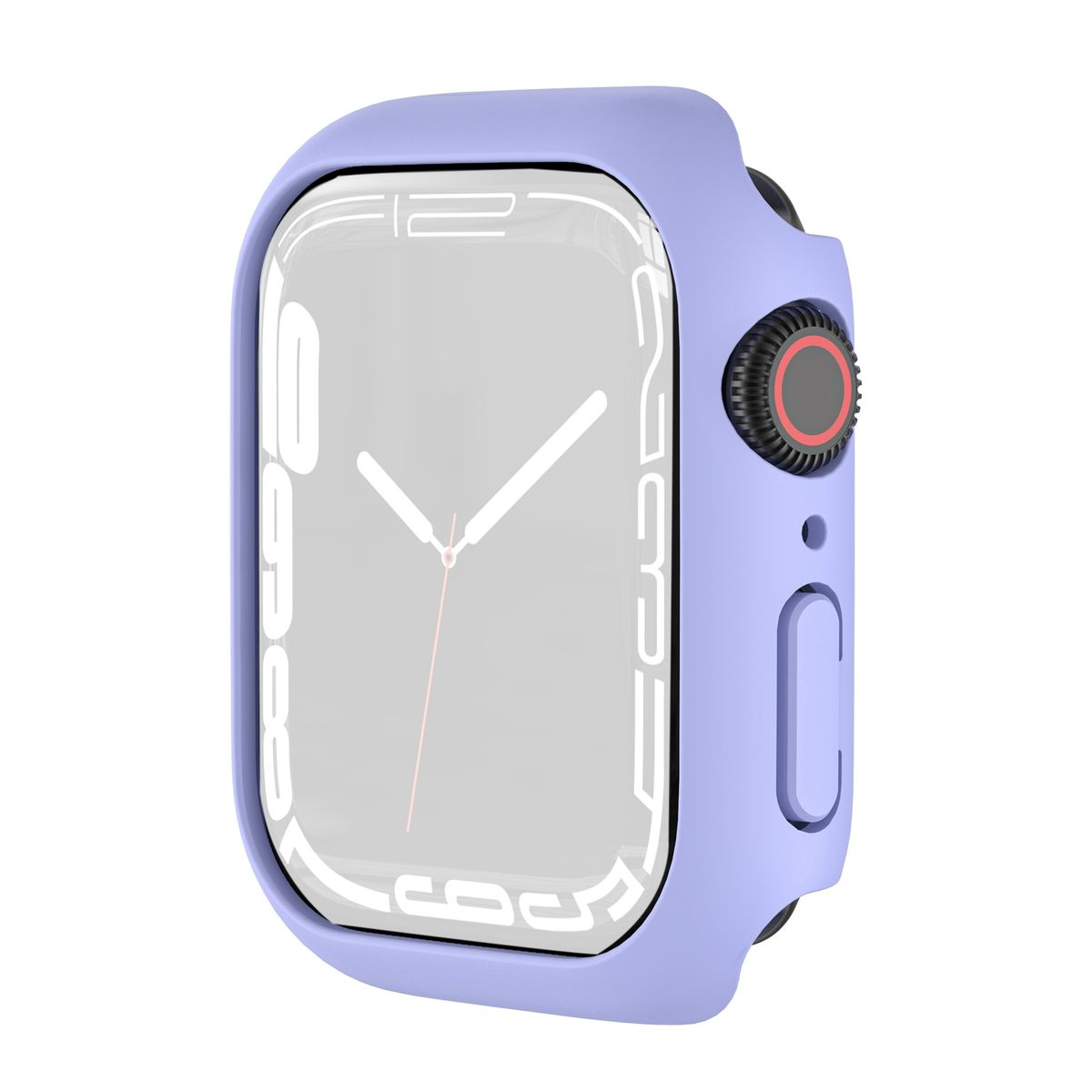 Ein hellvioletter Apple Watch-Case mit schwarzem Zifferblatt und roter Krone. Die Uhr liegt auf weißem Grund.