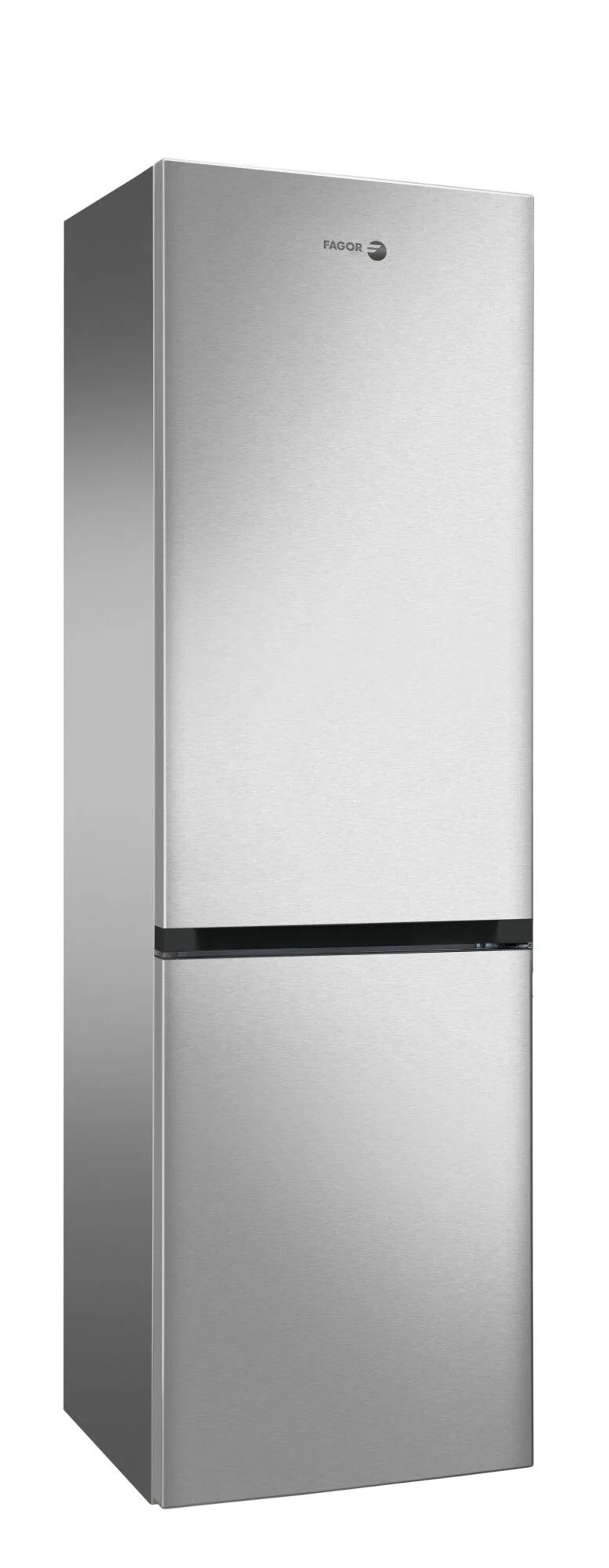 Un refrigerador Fagor plateado, con dos puertas, acabado en acero inoxidable, sobre un fondo blanco.