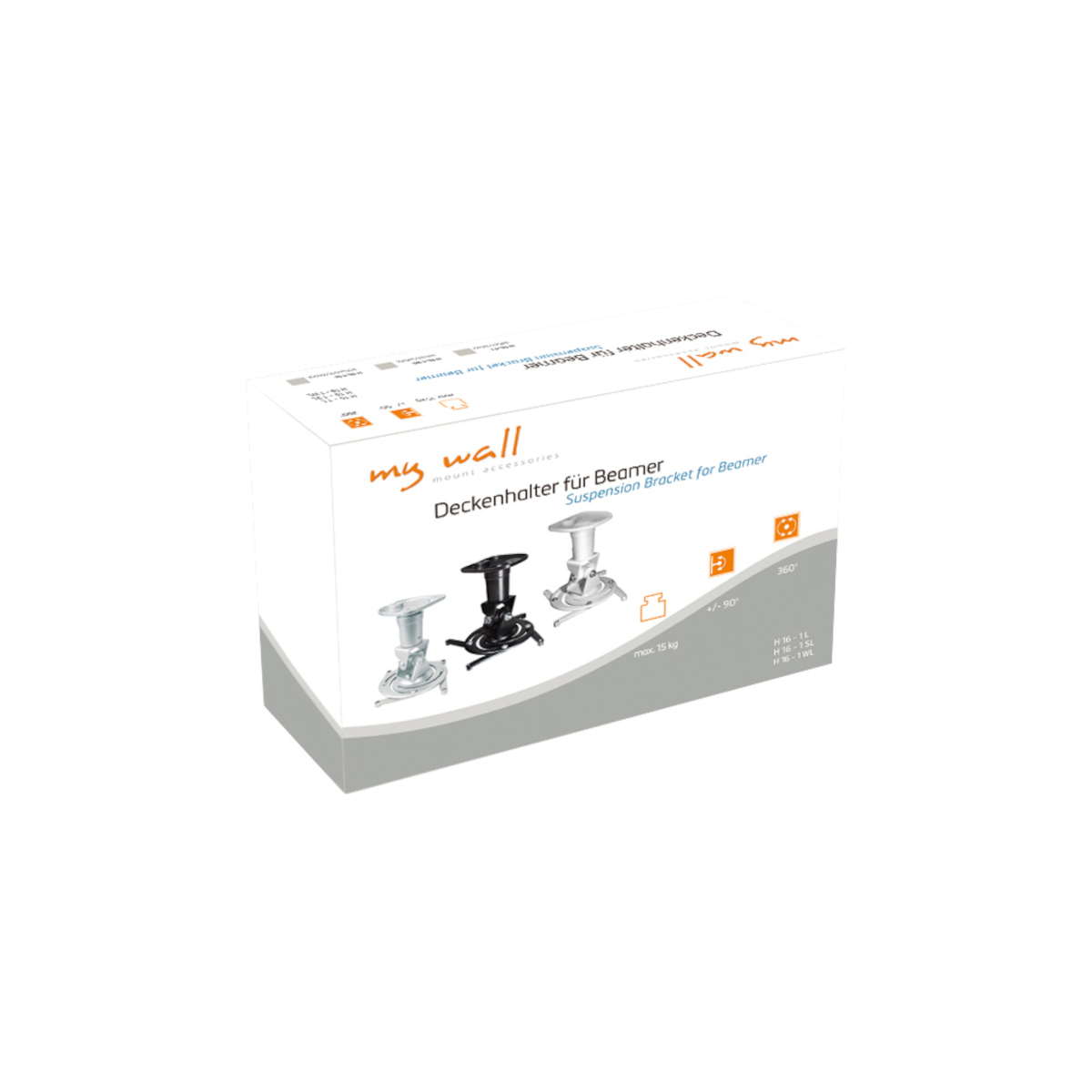 Eine weiße Box zeigt eine Deckenprojektorhalterung. Sie zeigt drei Halterungen und Spezifikationen.