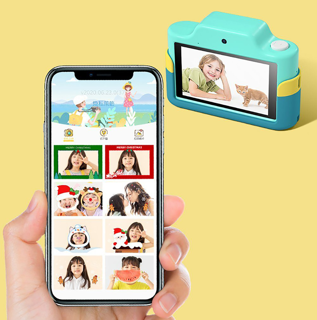 Una cámara infantil y un teléfono inteligente mostrando fotos de niños, sobre fondo amarillo.