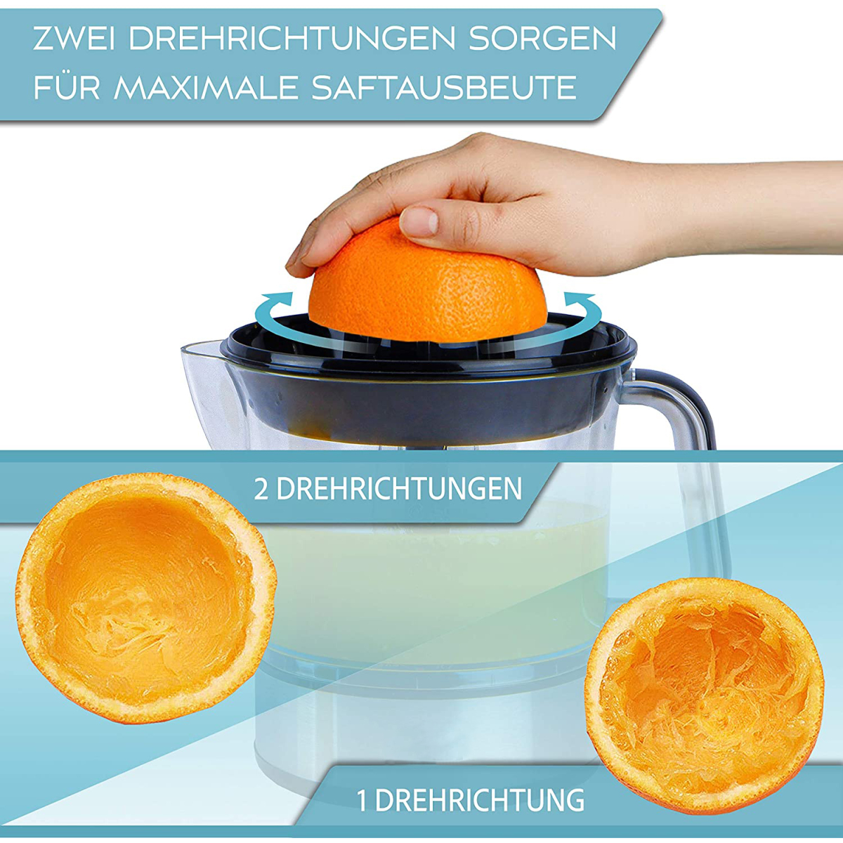 Eine Person, die eine Orange auspresst. Das Bild zeigt den Entsafter und die Orangenhälften.
